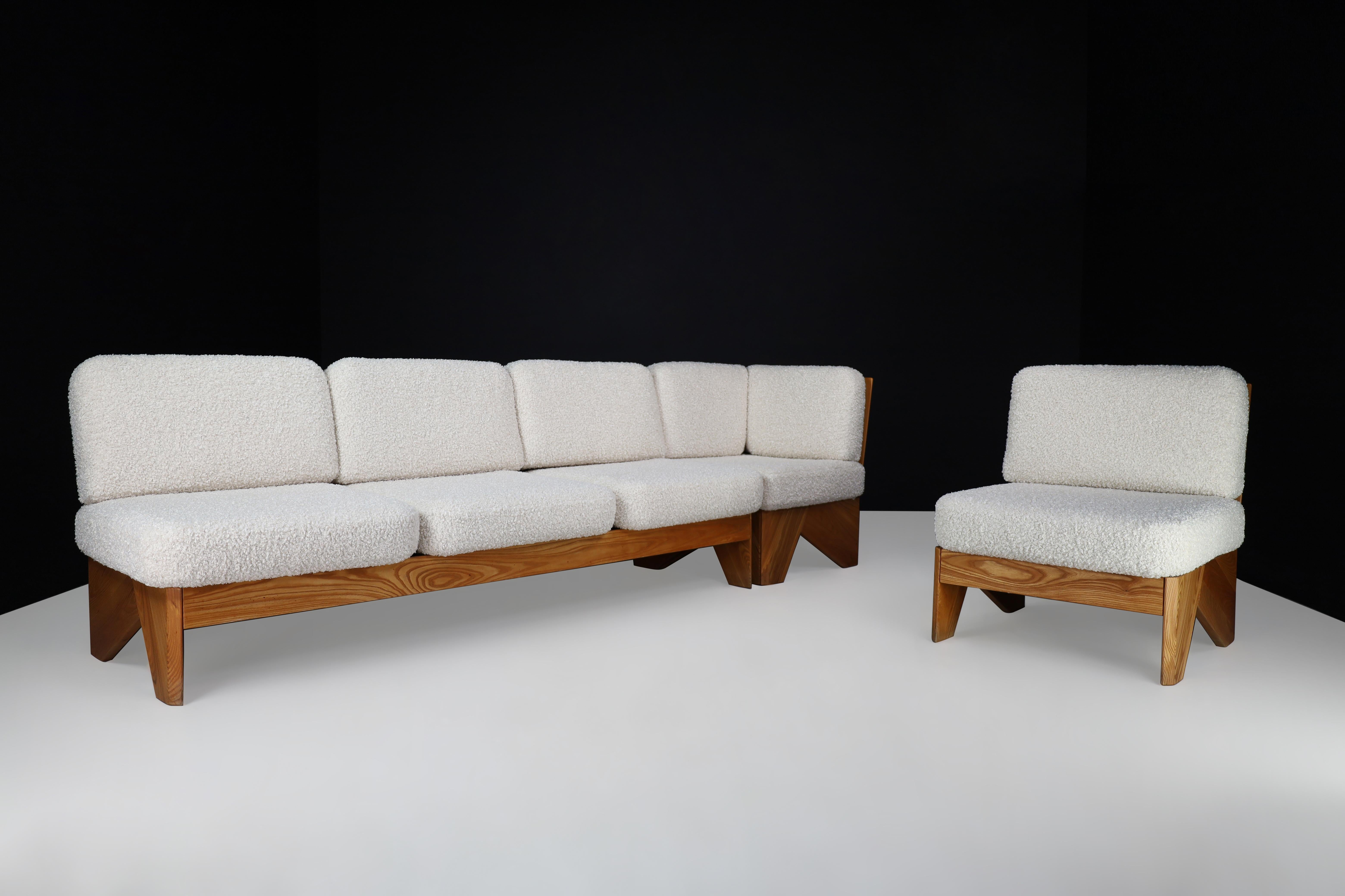 Late 20th Century Maison Regain Style Sofa/Living Room Set in Elm and Bouclé Fabric, France 1970s  For Sale