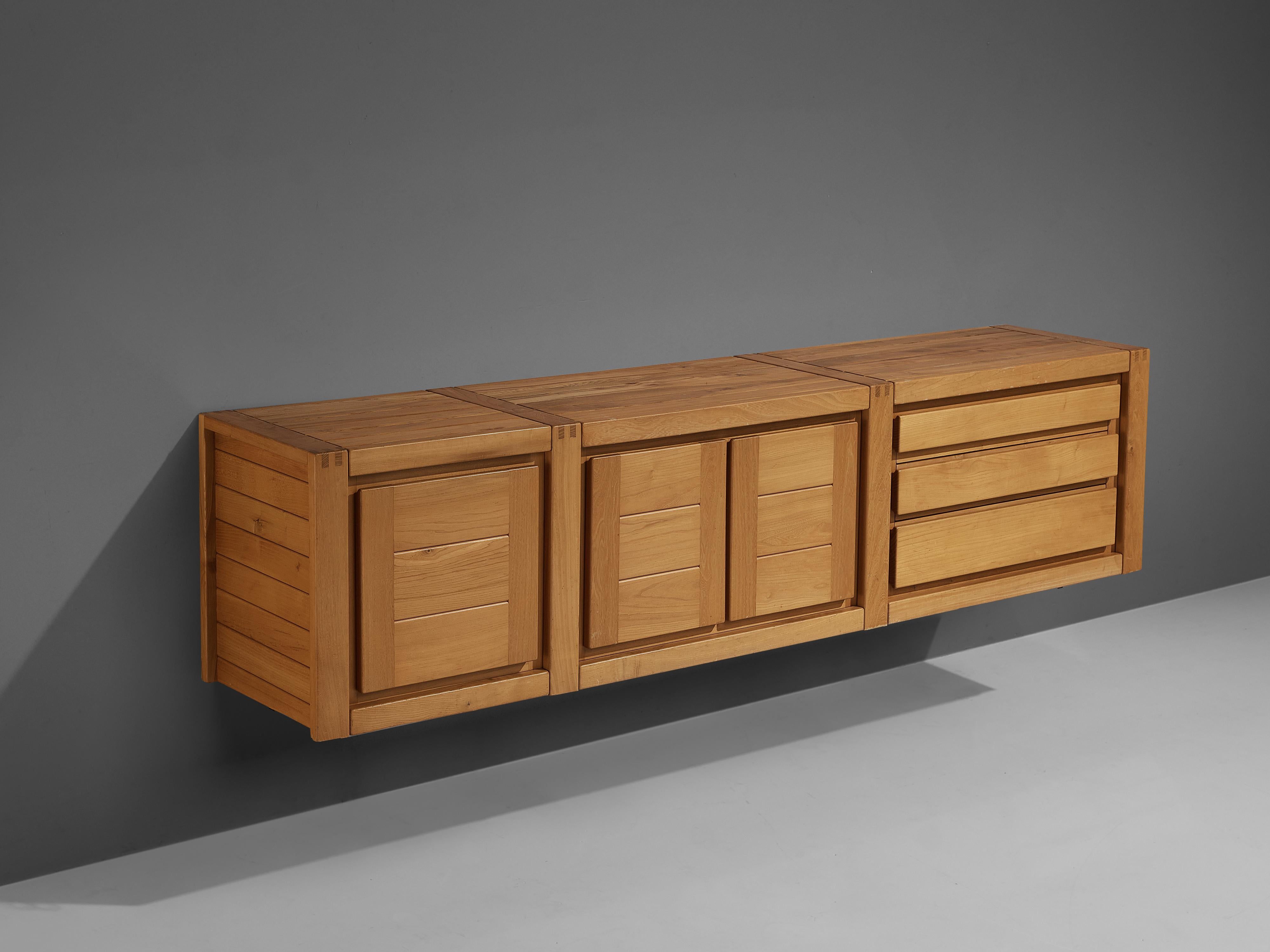 Mid-Century Modern Maison Regain Wall-Mounted Sideboard with Drawers in Solid Elm