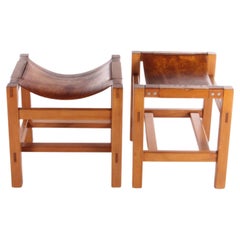 Maison Regian Set of 2 Stools Elm Wood with Leather, 1970