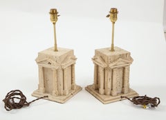 Maison Romeo 'att.' Travertine Roman Temple Shaped Table Lamps, France, 1970s