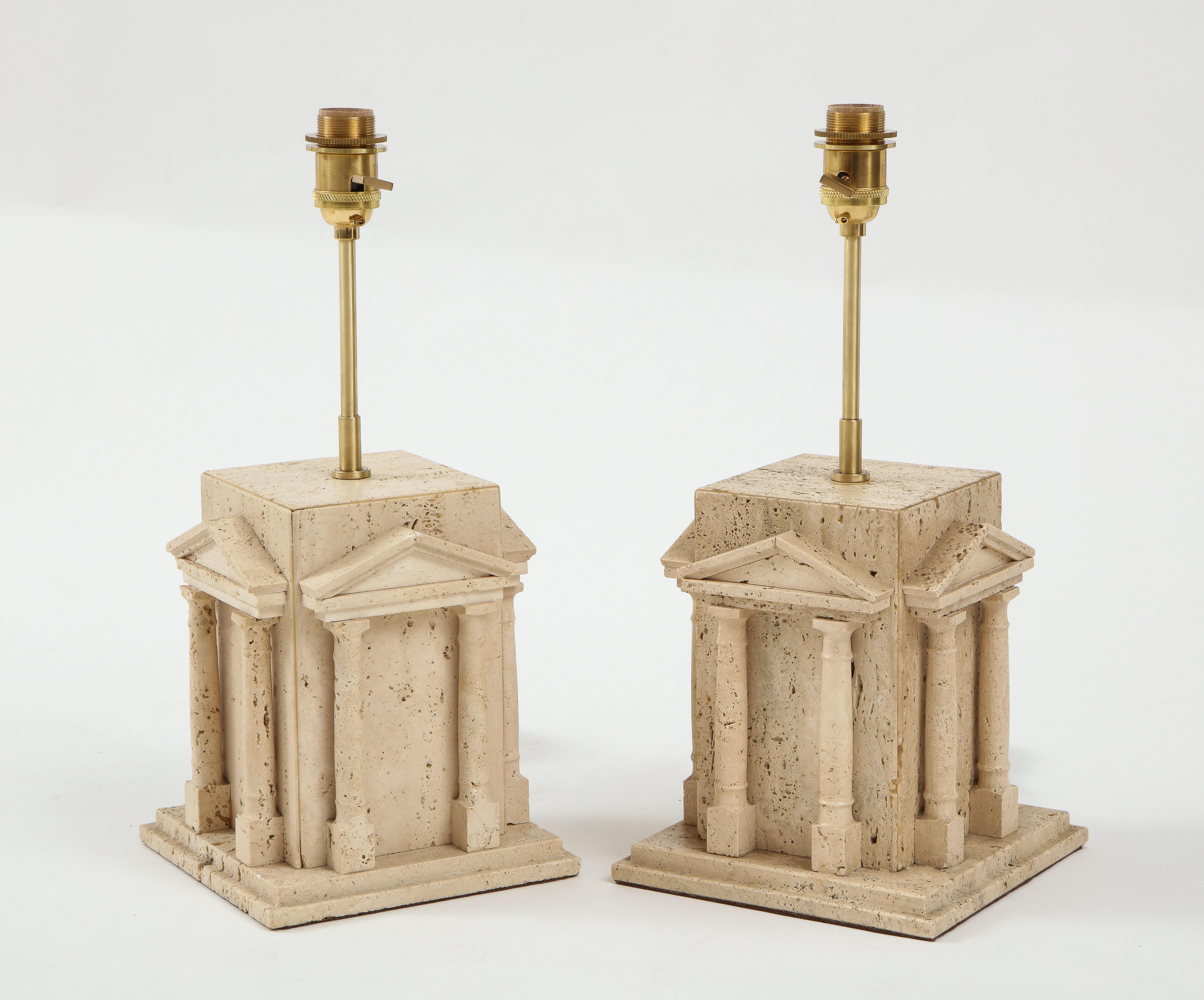Maison Romeo 'att.' Travertine Roman Temple Shaped Table Lamps, France, 1970s In Good Condition In New York, NY
