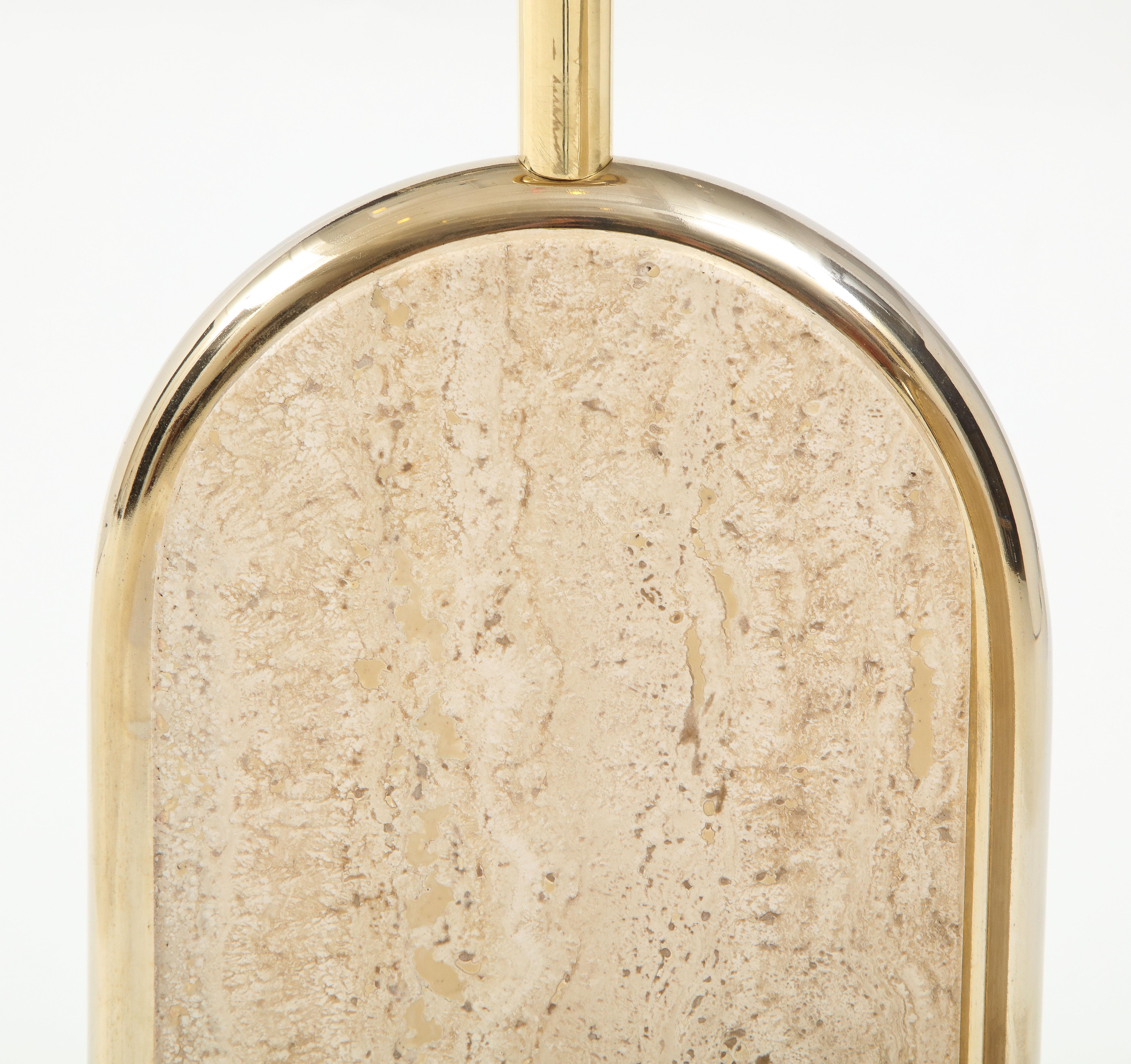 Pair of Belgian Beige Travertine and Gilt Metal Table Lamps, Belgium 1970's For Sale 2