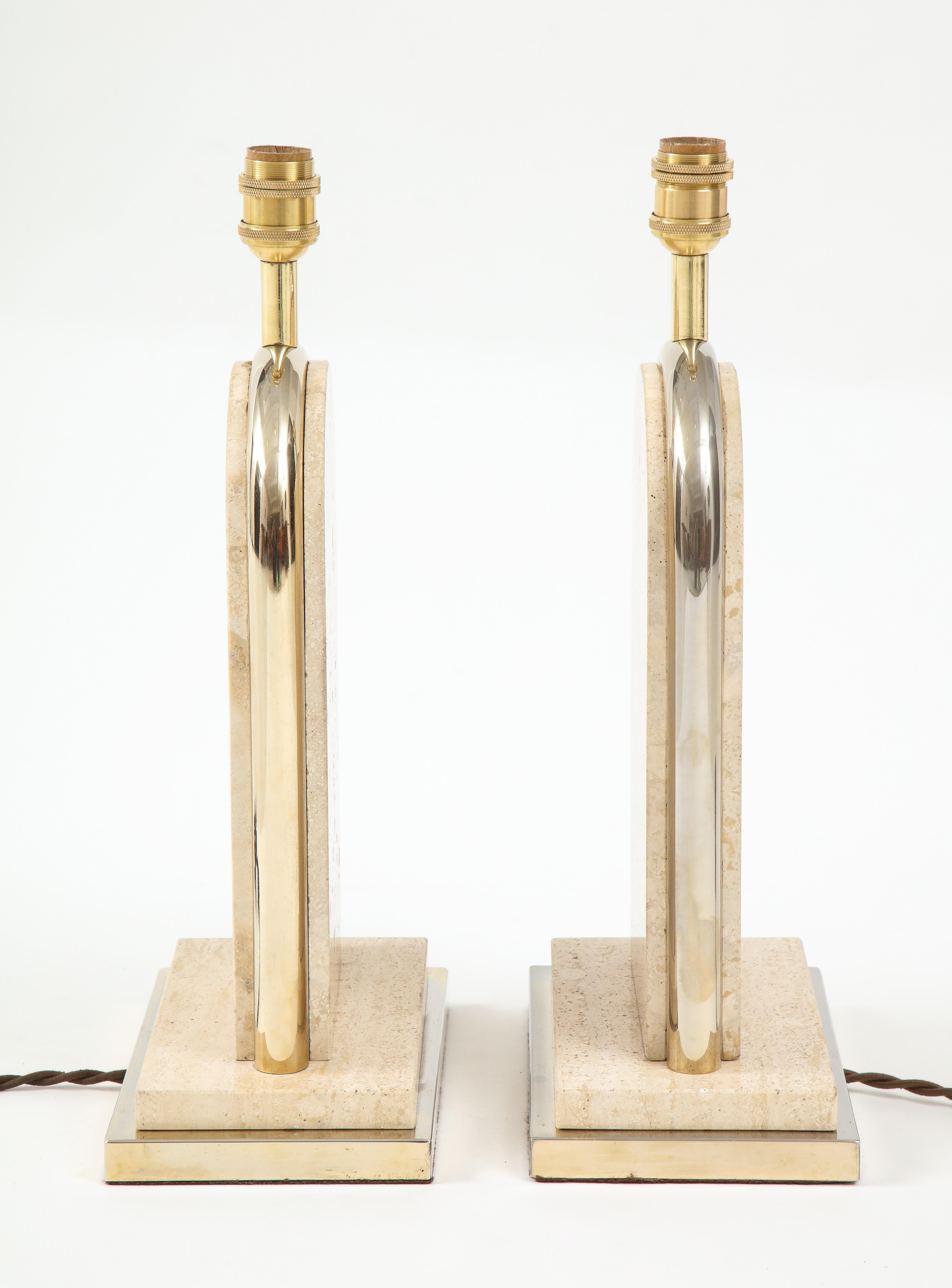Pair of Belgian Beige Travertine and Gilt Metal Table Lamps, Belgium 1970's For Sale 3
