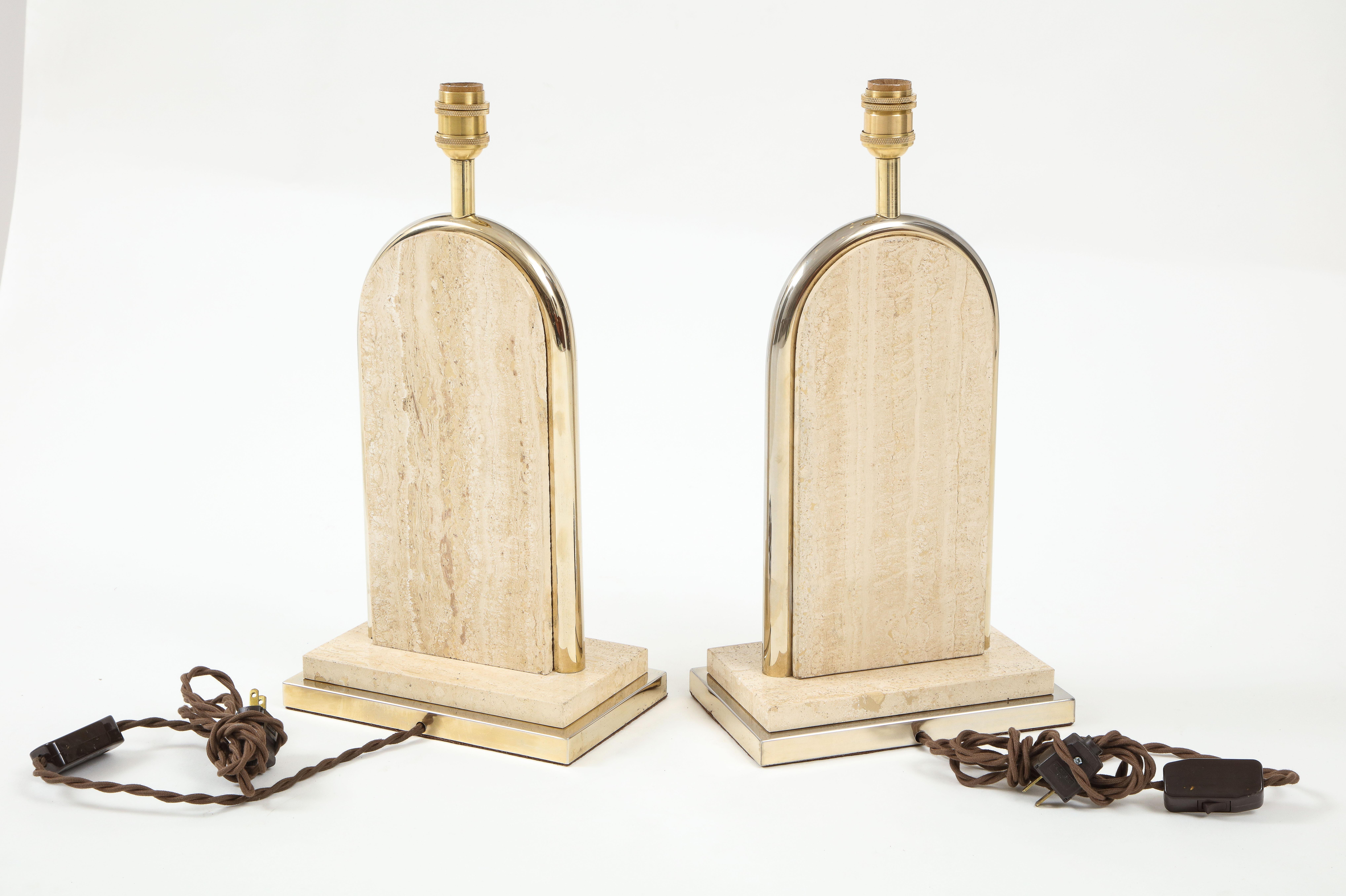 Pair of Belgian Beige Travertine and Gilt Metal Table Lamps, Belgium 1970's For Sale 4