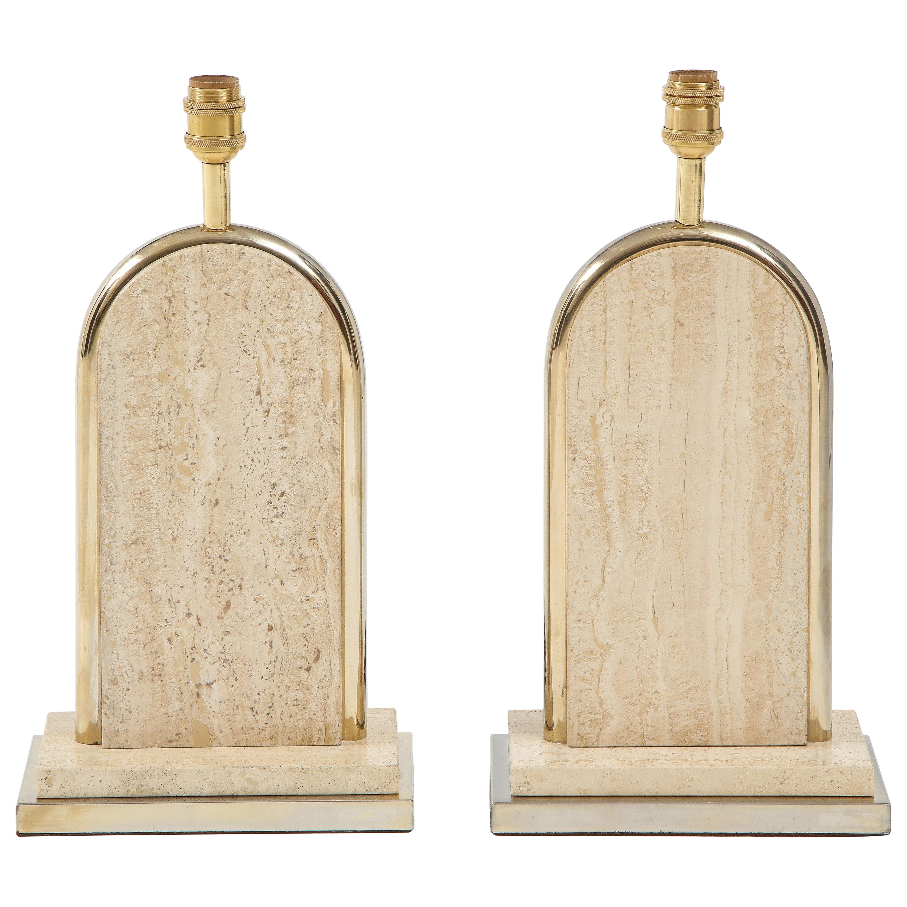 Pair of Belgian Beige Travertine and Gilt Metal Table Lamps, Belgium 1970's For Sale