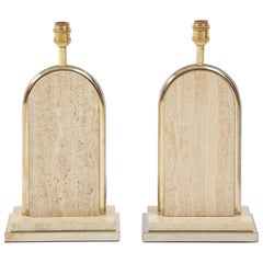 Pair of Belgian Beige Travertine and Gilt Metal Table Lamps, Belgium 1970's