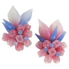 Vintage Maison Rousselet Earrings In Glass Paste in Shades of Blue and Pink
