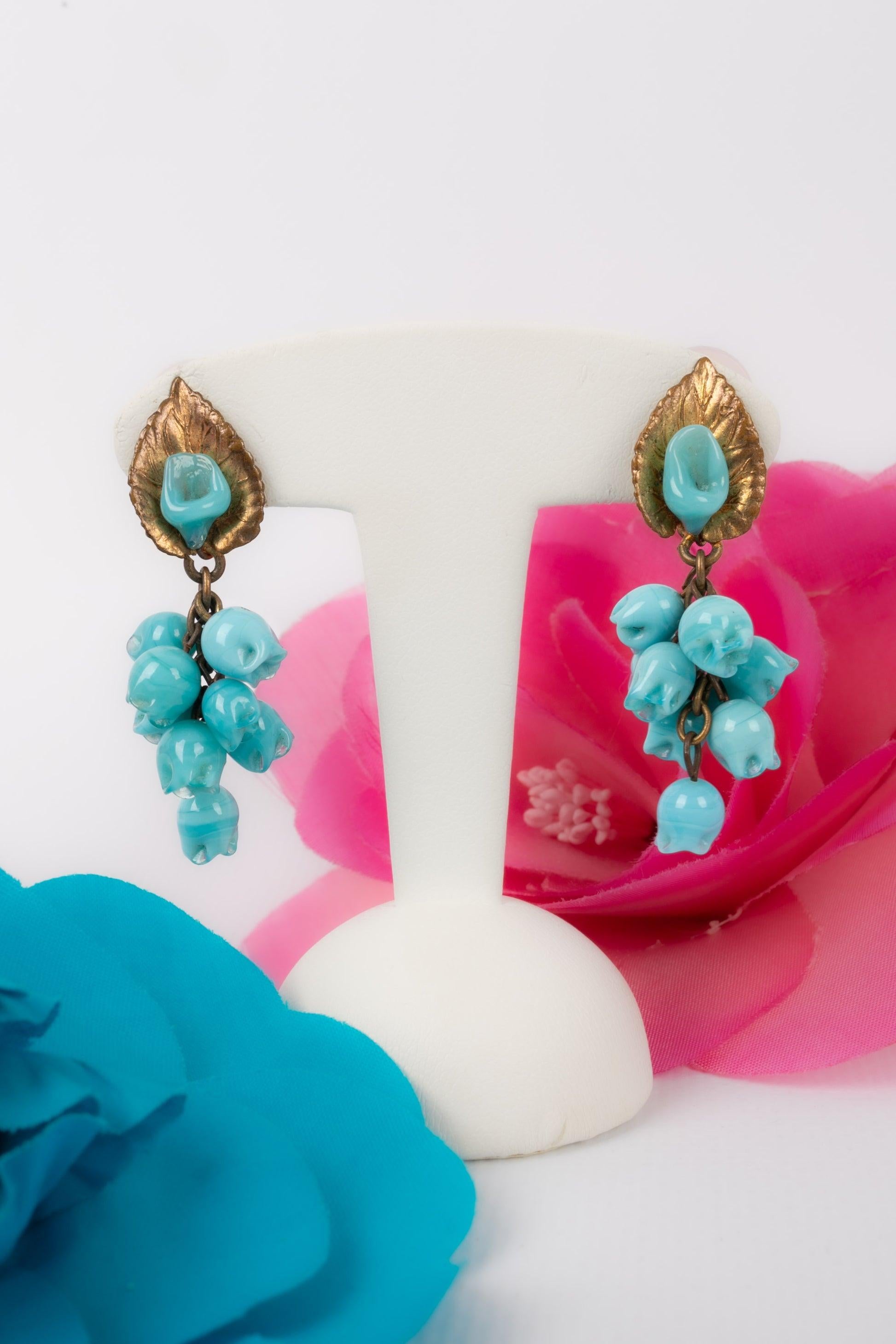 Maison Rousselet Golden Metal Earrings with Blue Glass Paste For Sale 2
