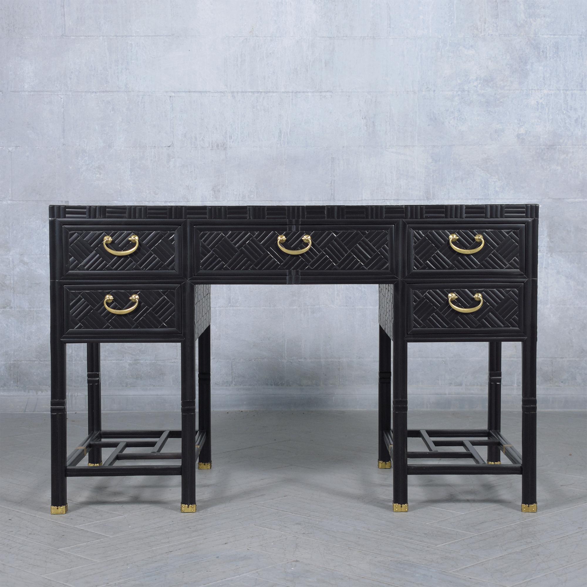 1950s Restored Pedestal Executive Desk: Bamboo Inlay & Mahogany Elegance For Sale 1