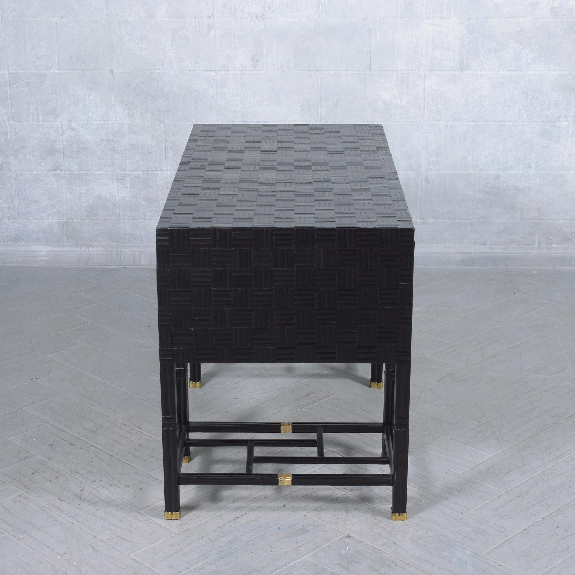1950s Restored Pedestal Executive Desk: Bamboo Inlay & Mahogany Elegance For Sale 7