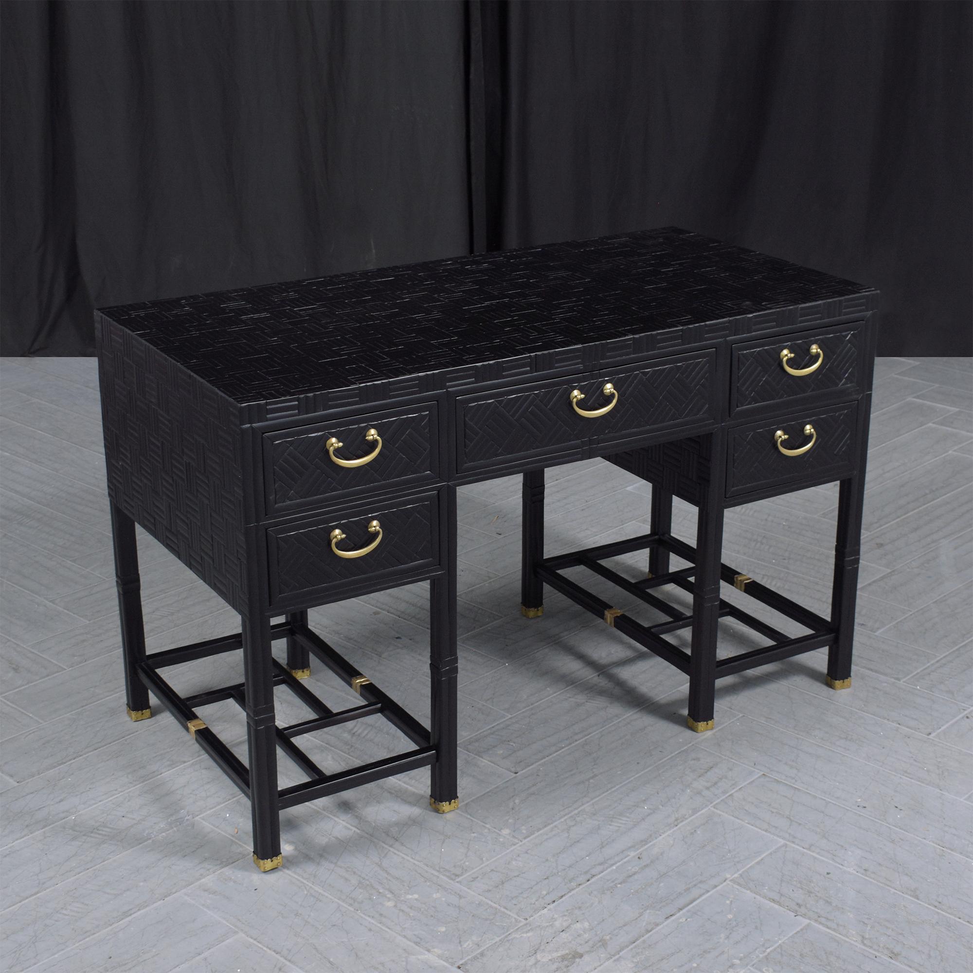 1950s Restored Pedestal Executive Desk: Bamboo Inlay & Mahogany Elegance For Sale 3