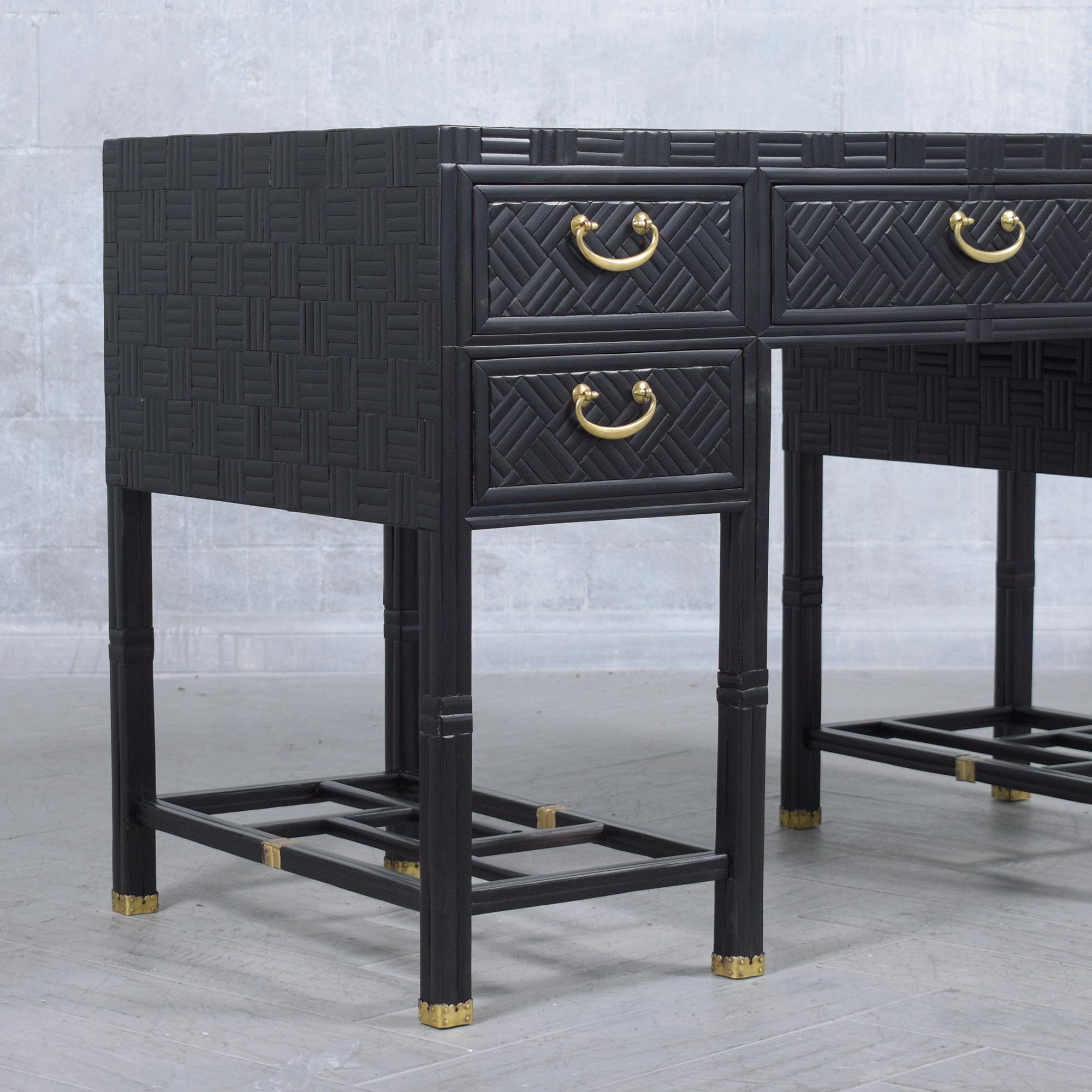 1950s Restored Pedestal Executive Desk: Bamboo Inlay & Mahogany Elegance For Sale 6