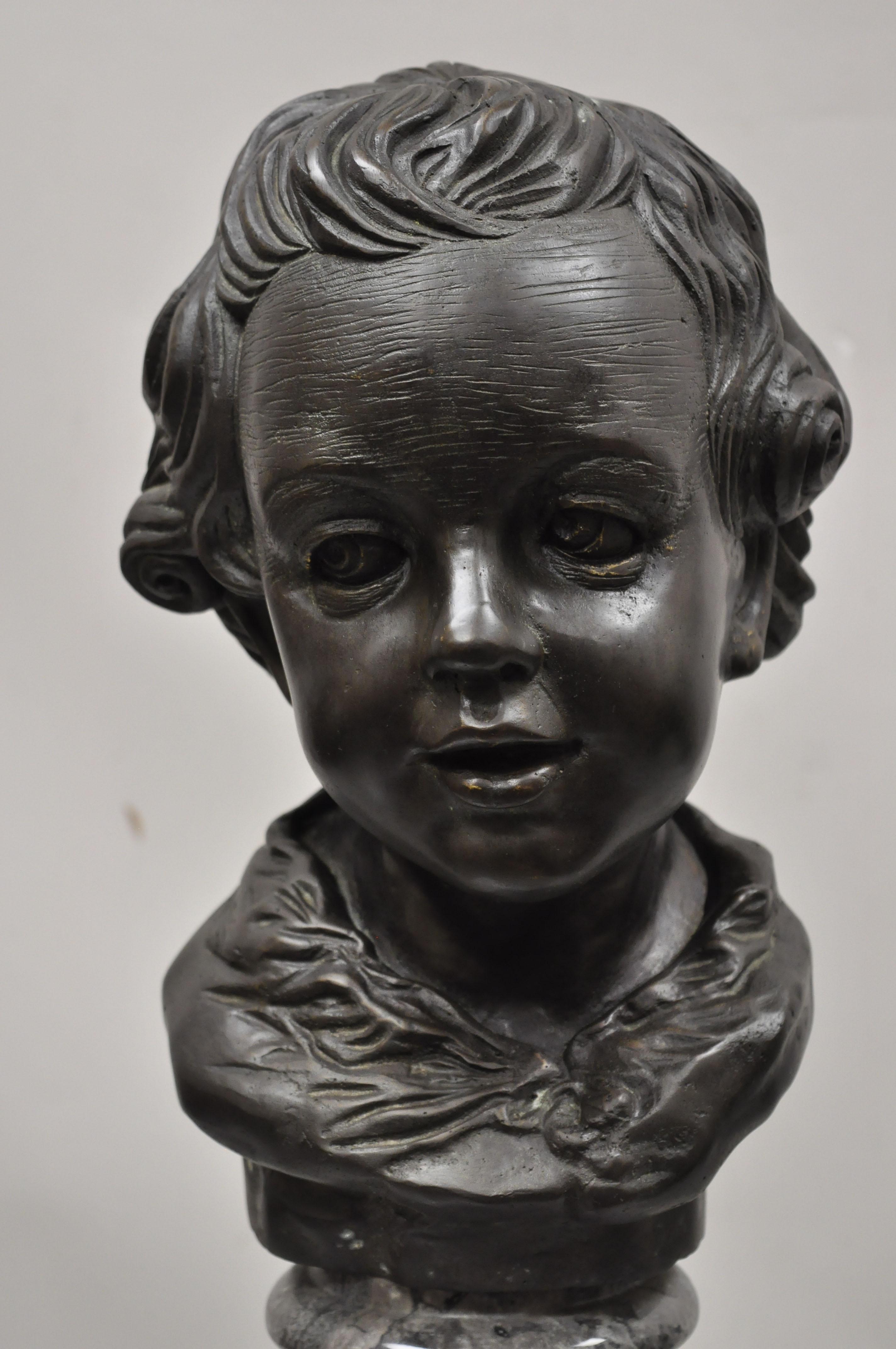 Maitland Smith Bronze Boy Bust Head Victorian Style on Marble Base In Good Condition For Sale In Philadelphia, PA