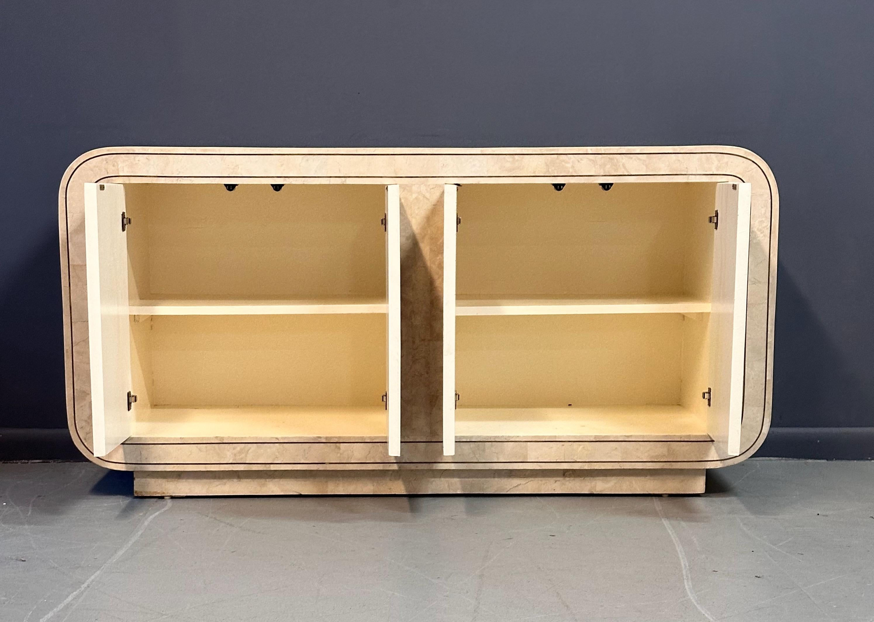 Mid-Century Modern Maitland Smith 1980s Tessellated Stone Rounded Credenza with Brass Detailing