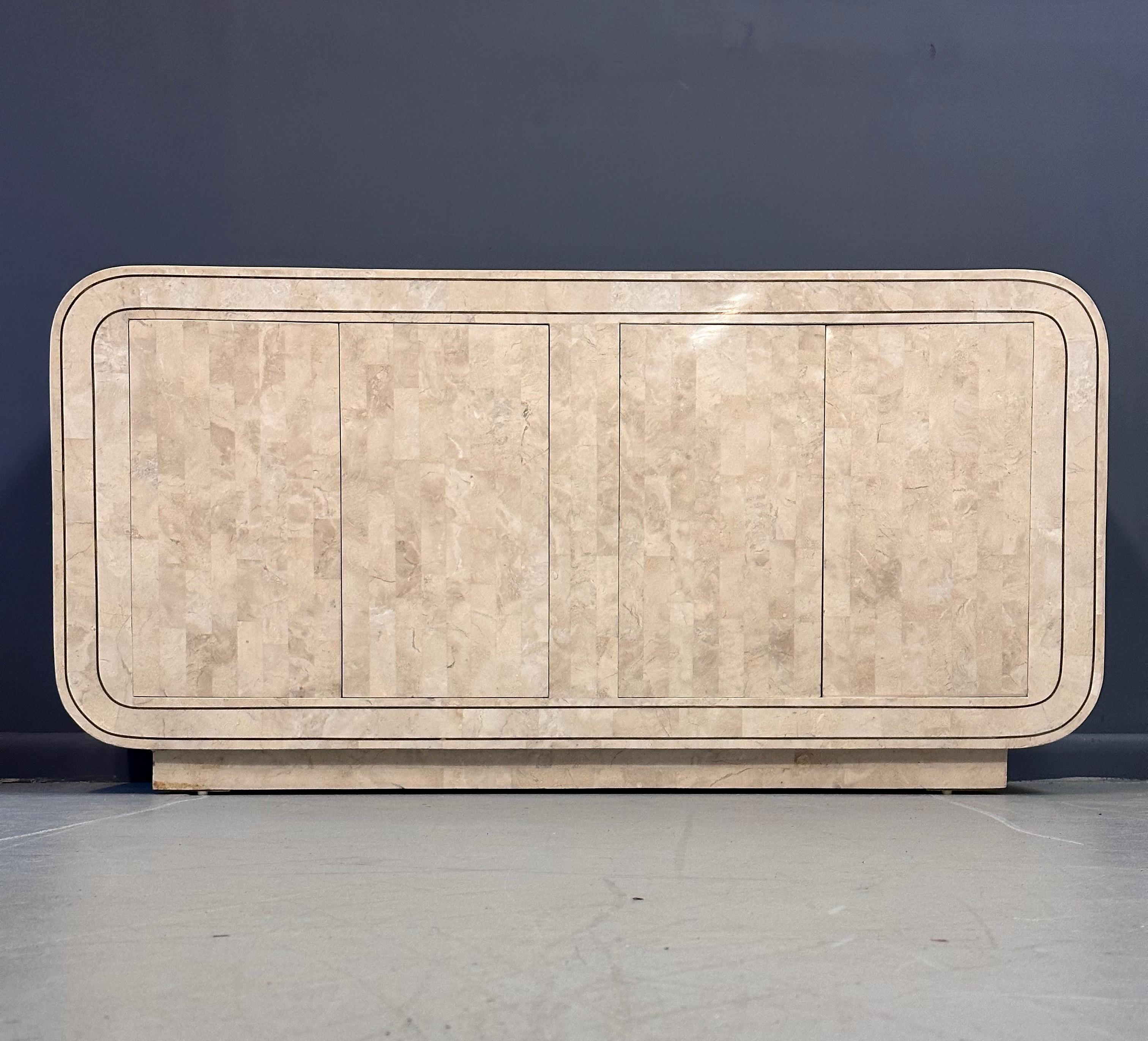 20th Century Maitland Smith 1980s Tessellated Stone Rounded Credenza with Brass Detailing