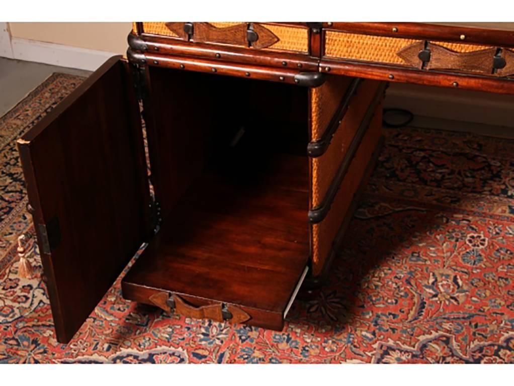 Maitland-Smith Three-Part Rattan Desk in the Form of Travel Trunk In Good Condition In Bridgeport, CT