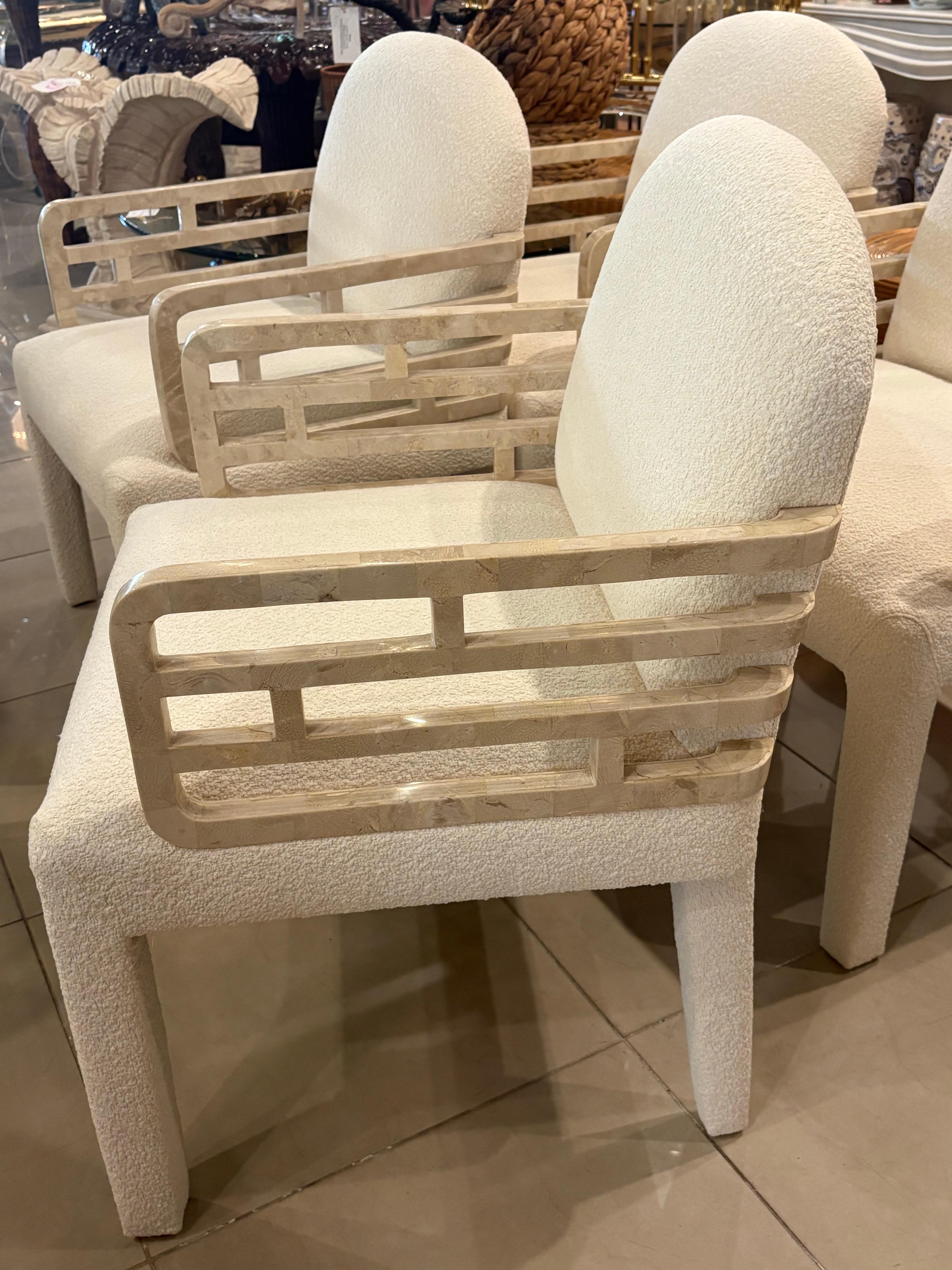 Maitland Smith 4 Tessellated Stone Marble Arm Dining Chairs New Boucle Fabric in vendita 4