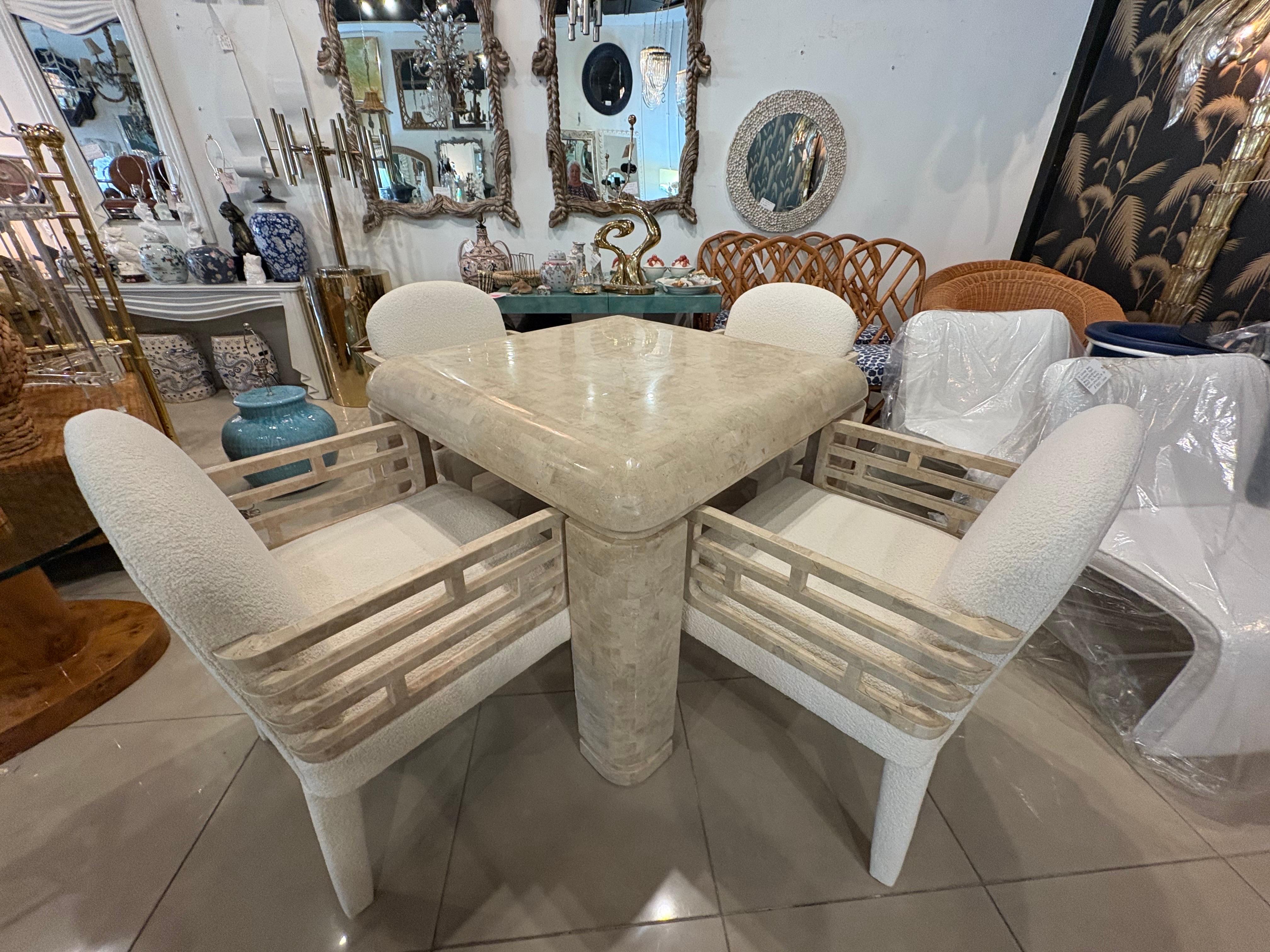 Maitland Smith 4 Tessellated Stone Marble Arm Dining Chairs New Boucle Fabric in vendita 5