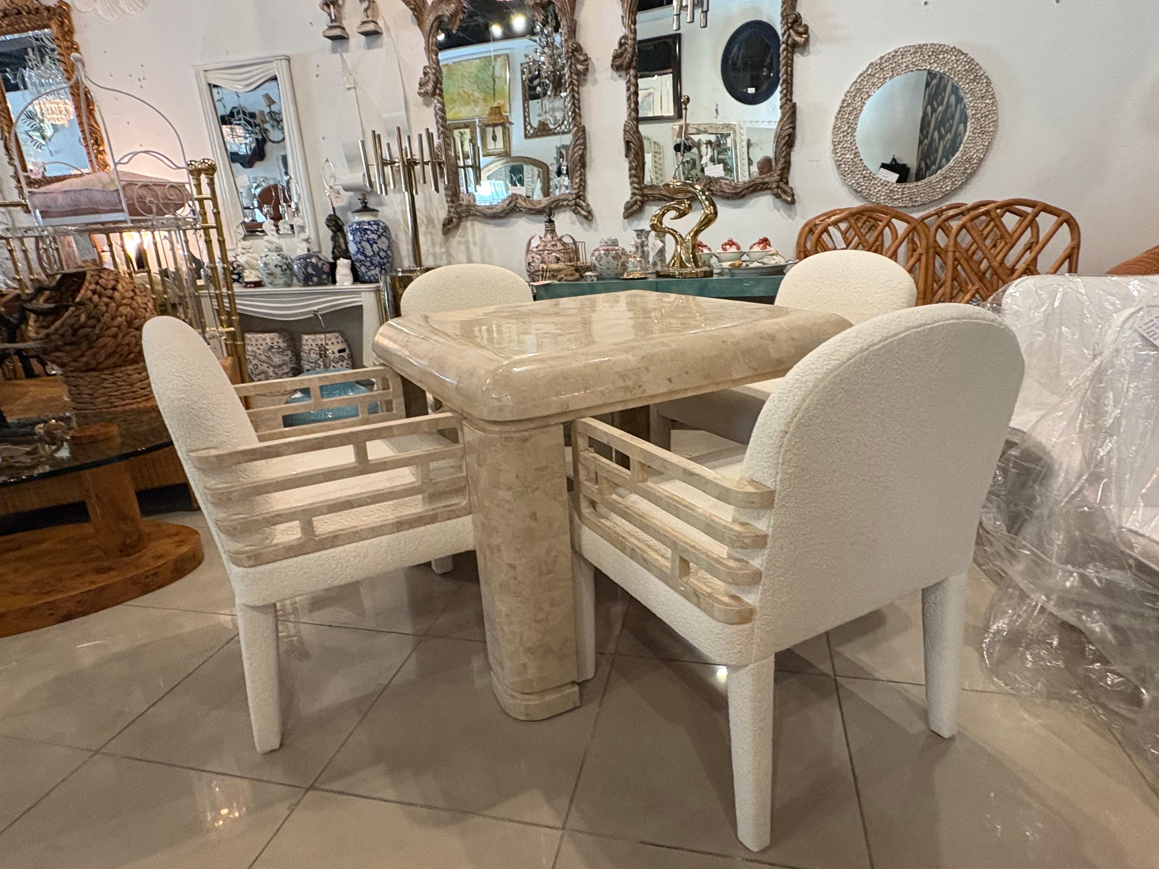 Maitland Smith 4 Tessellated Stone Marble Arm Dining Chairs New Boucle Fabric in vendita 7