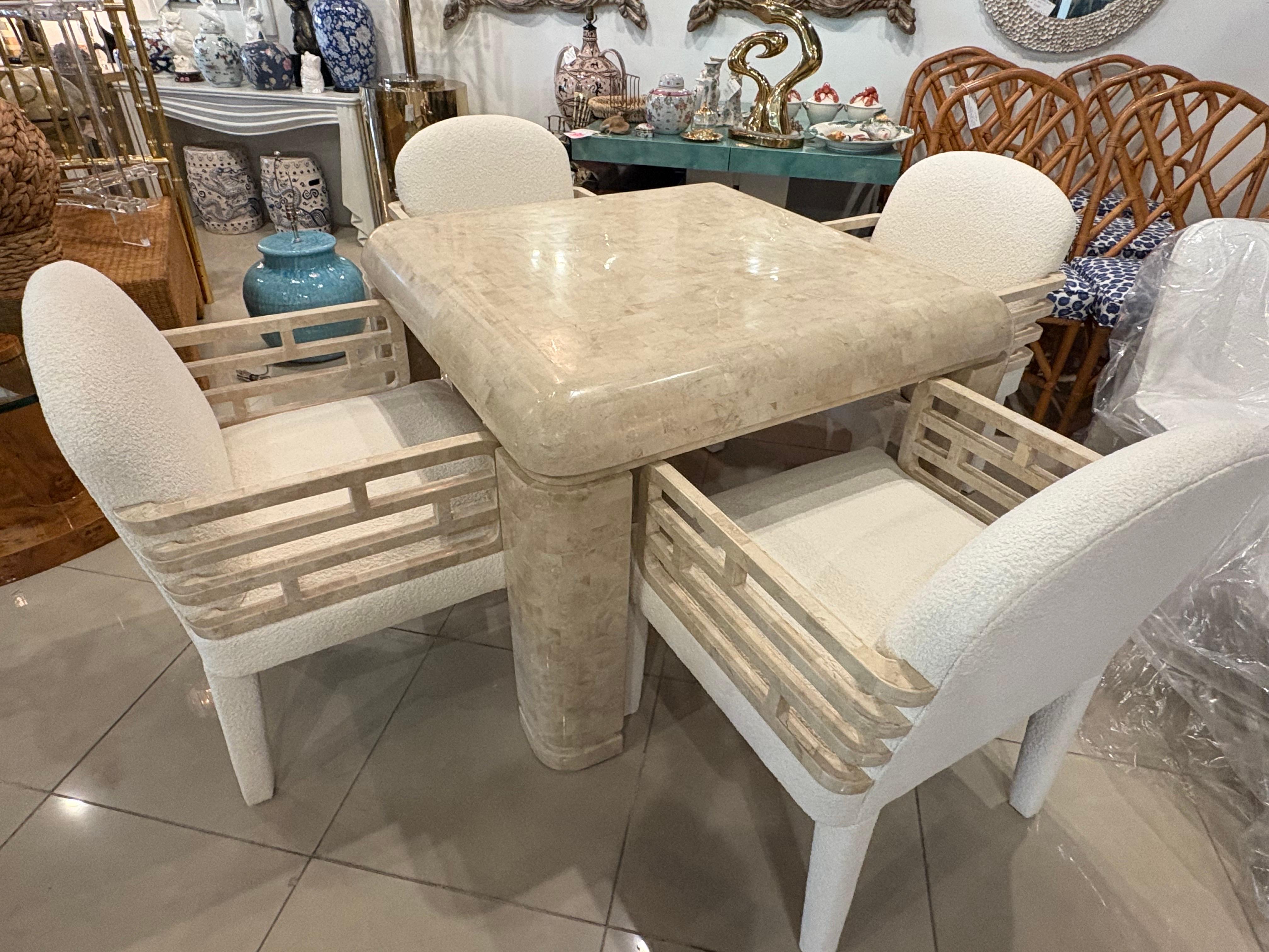 Maitland Smith 4 Tessellated Stone Marble Arm Dining Chairs New Boucle Fabric in vendita 9