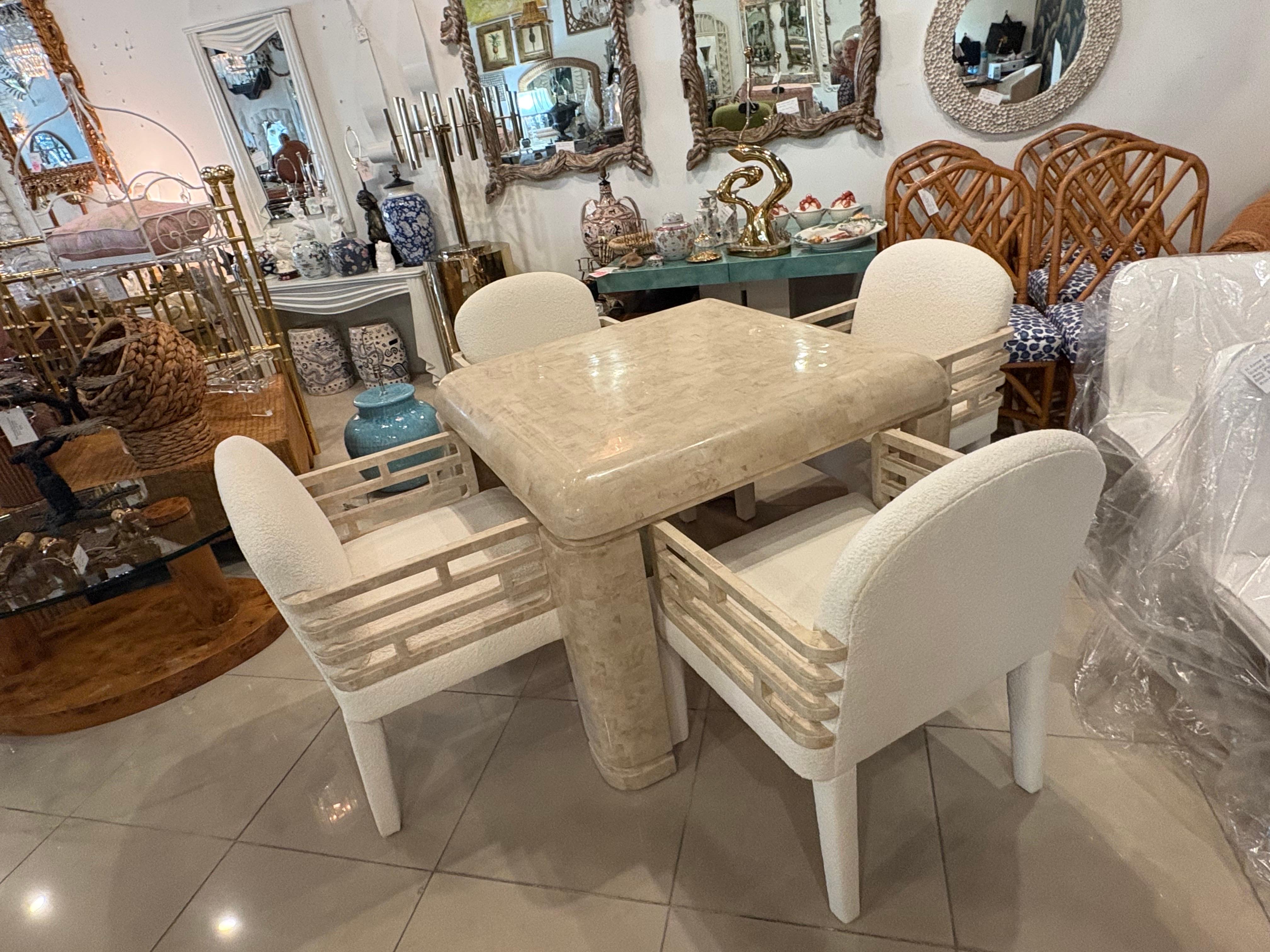 Maitland Smith 4 Tessellated Stone Marble Arm Dining Chairs New Boucle Fabric in vendita 10