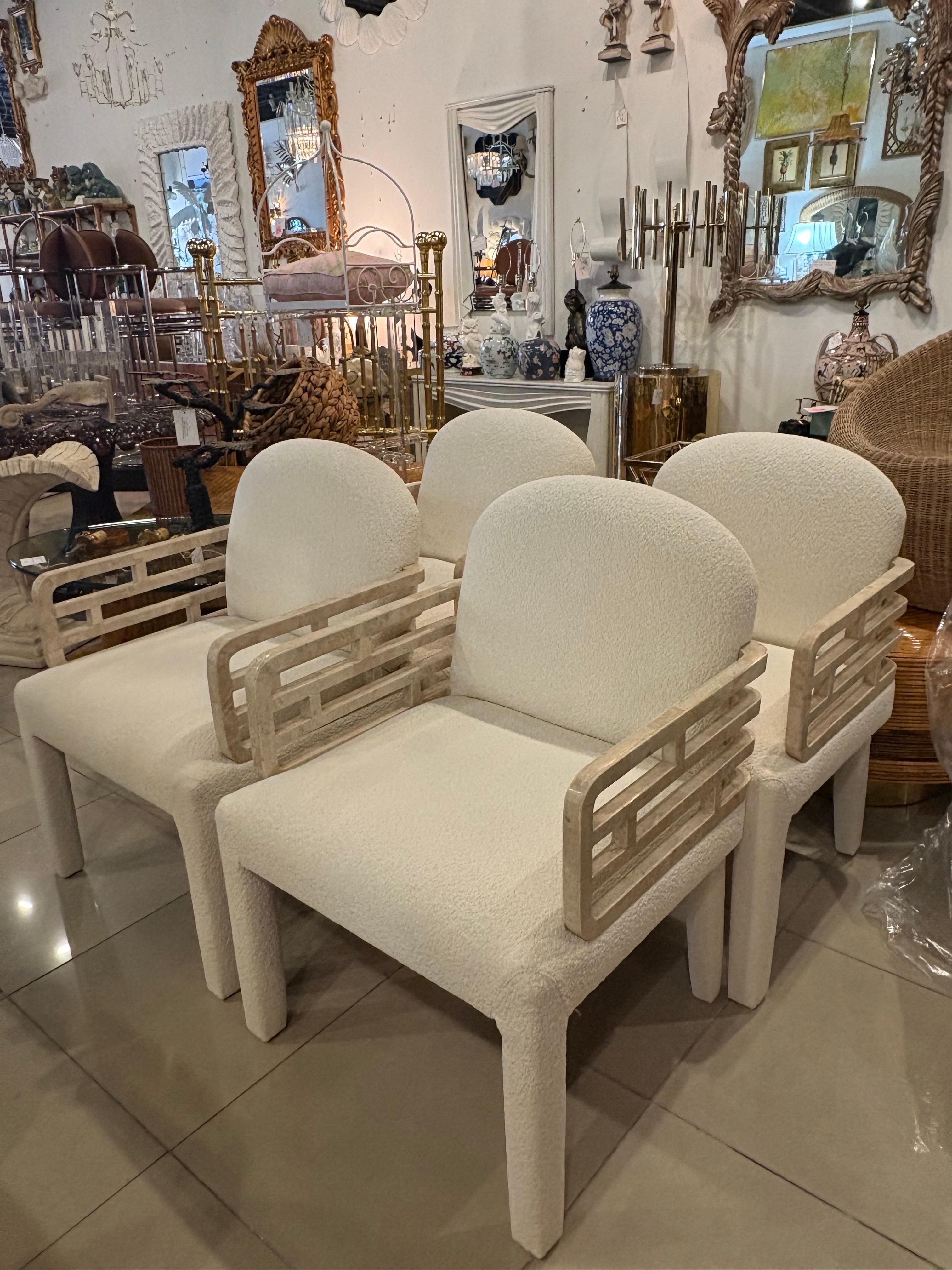 Pietra Maitland Smith 4 Tessellated Stone Marble Arm Dining Chairs New Boucle Fabric in vendita