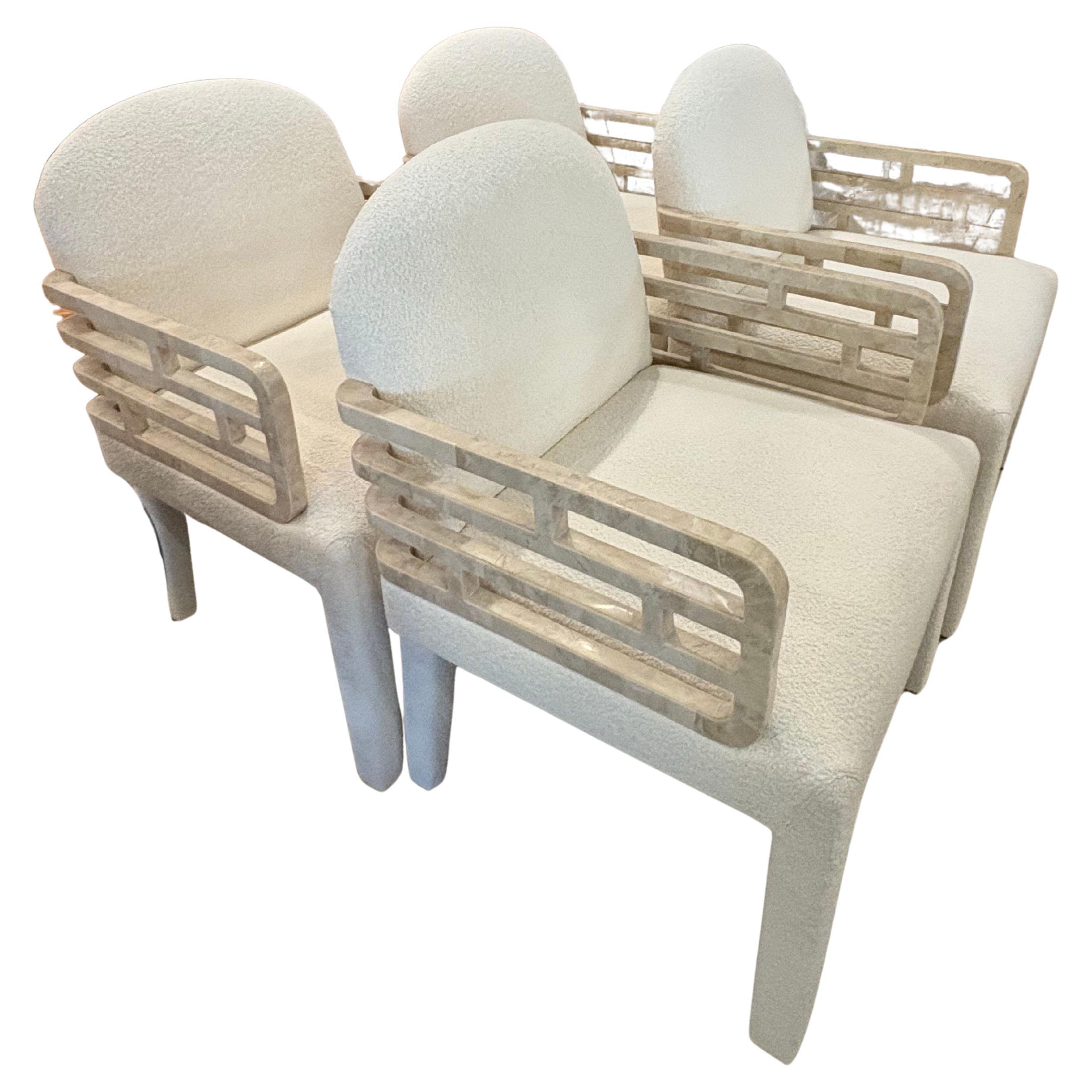Maitland Smith 4 Tessellated Stone Marble Arm Dining Chairs New Boucle Fabric in vendita