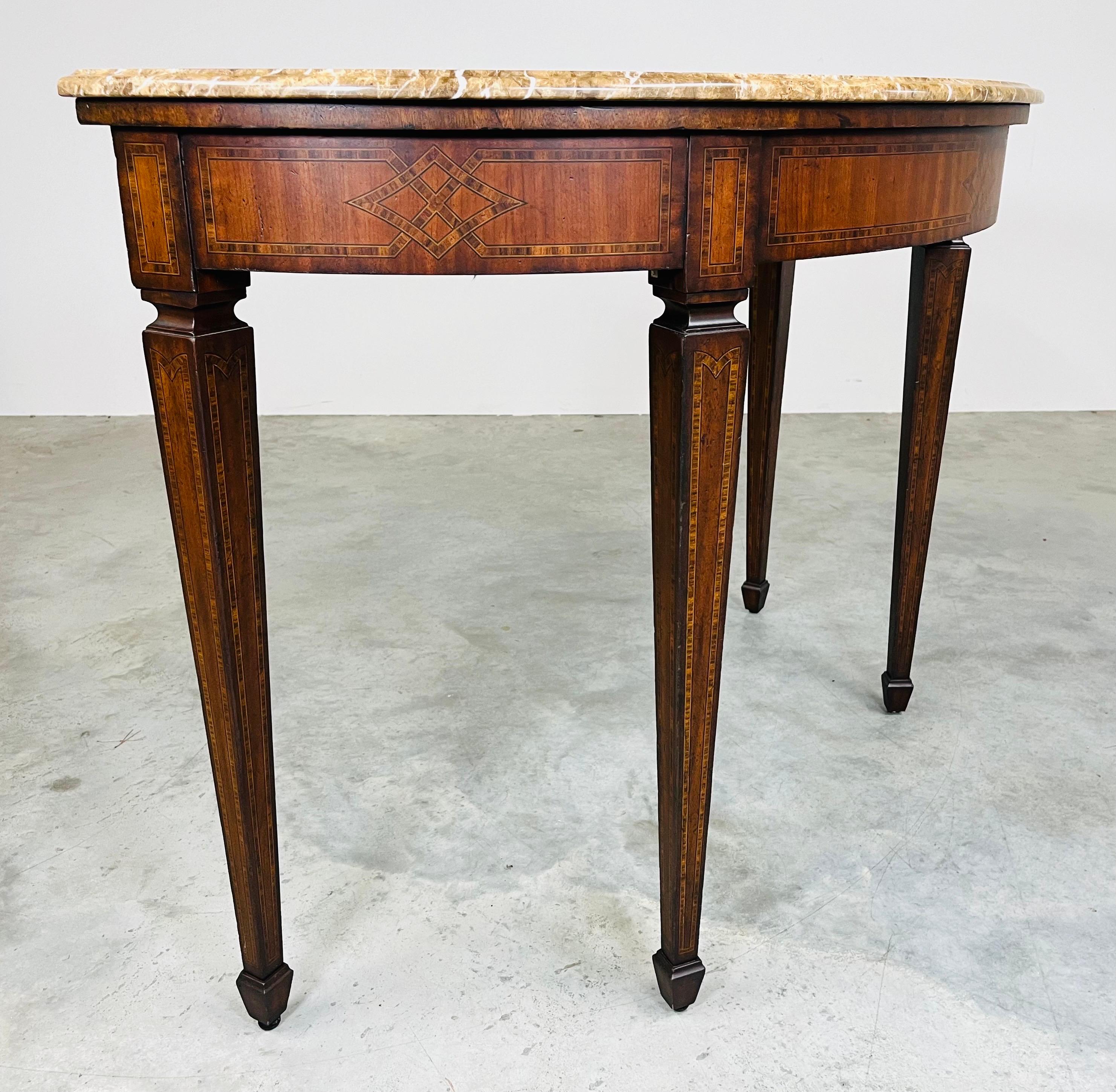 Carved Maitland Smith Adam Style Inlaid Demi-lune Console Table For Sale