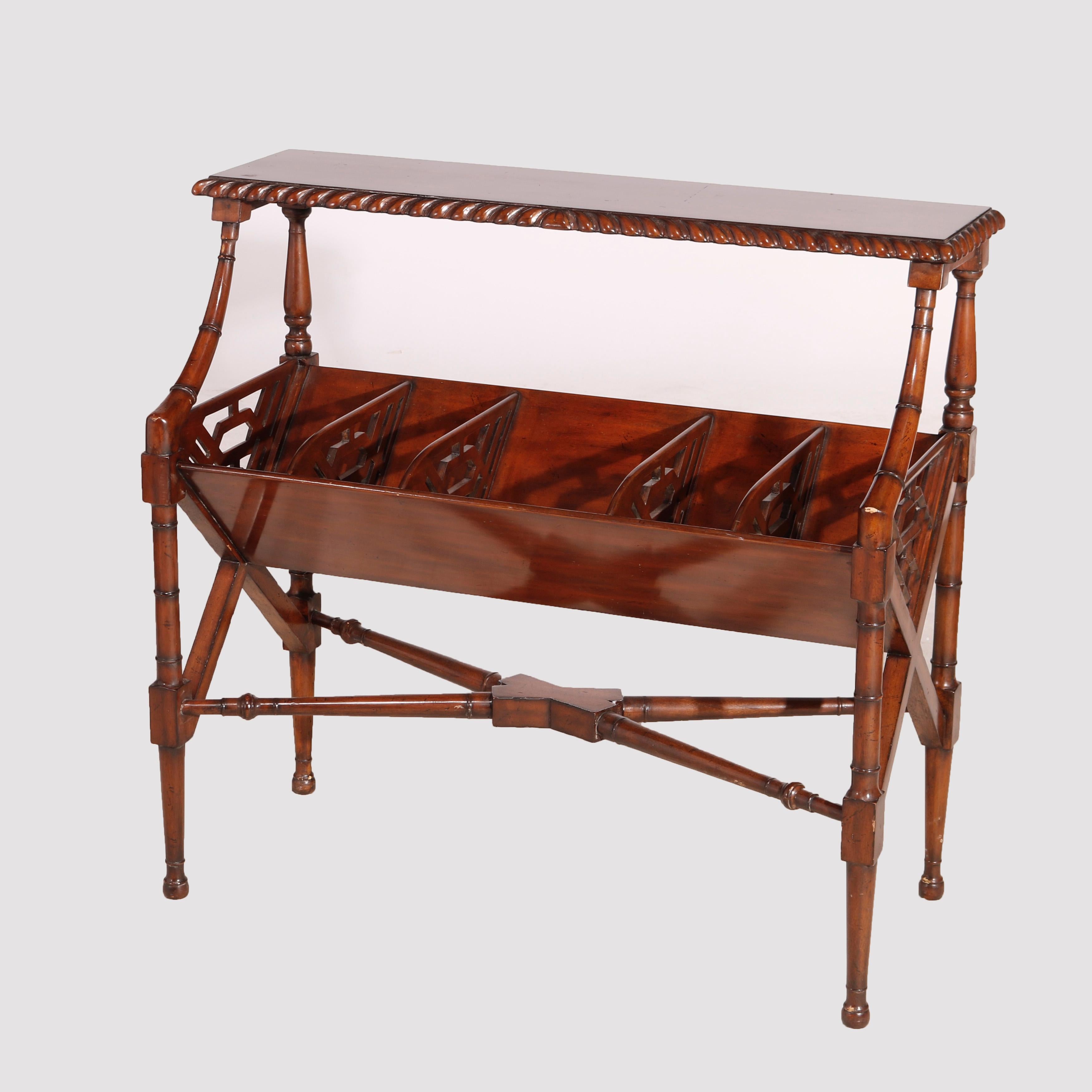 An Aesthetic style bookstand by Maitland Smith offers mahogany construction with top having rope twist border over unit with divided cradle and having bamboo form frame, identifying label as photographed, 20th century

Measures - 33.75