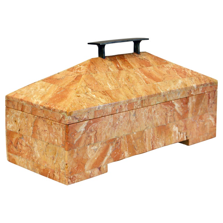Maitland Smith Art Deco Style Architectural Design Tessellated Sienna Marble Box For Sale