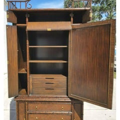 Maitland Smith Asian Chippendale Bamboo Wicker Wardrobe Armoire Bar Cabinet