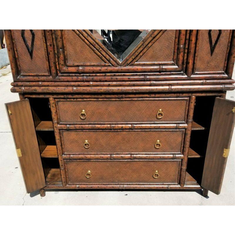 Chinoiserie Maitland Smith Asian Chippendale Bamboo Wicker Wardrobe Armoire Bar Cabinet For Sale