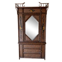 Maitland Smith Asian Chippendale Bamboo Wicker Wardrobe Armoire Bar Cabinet