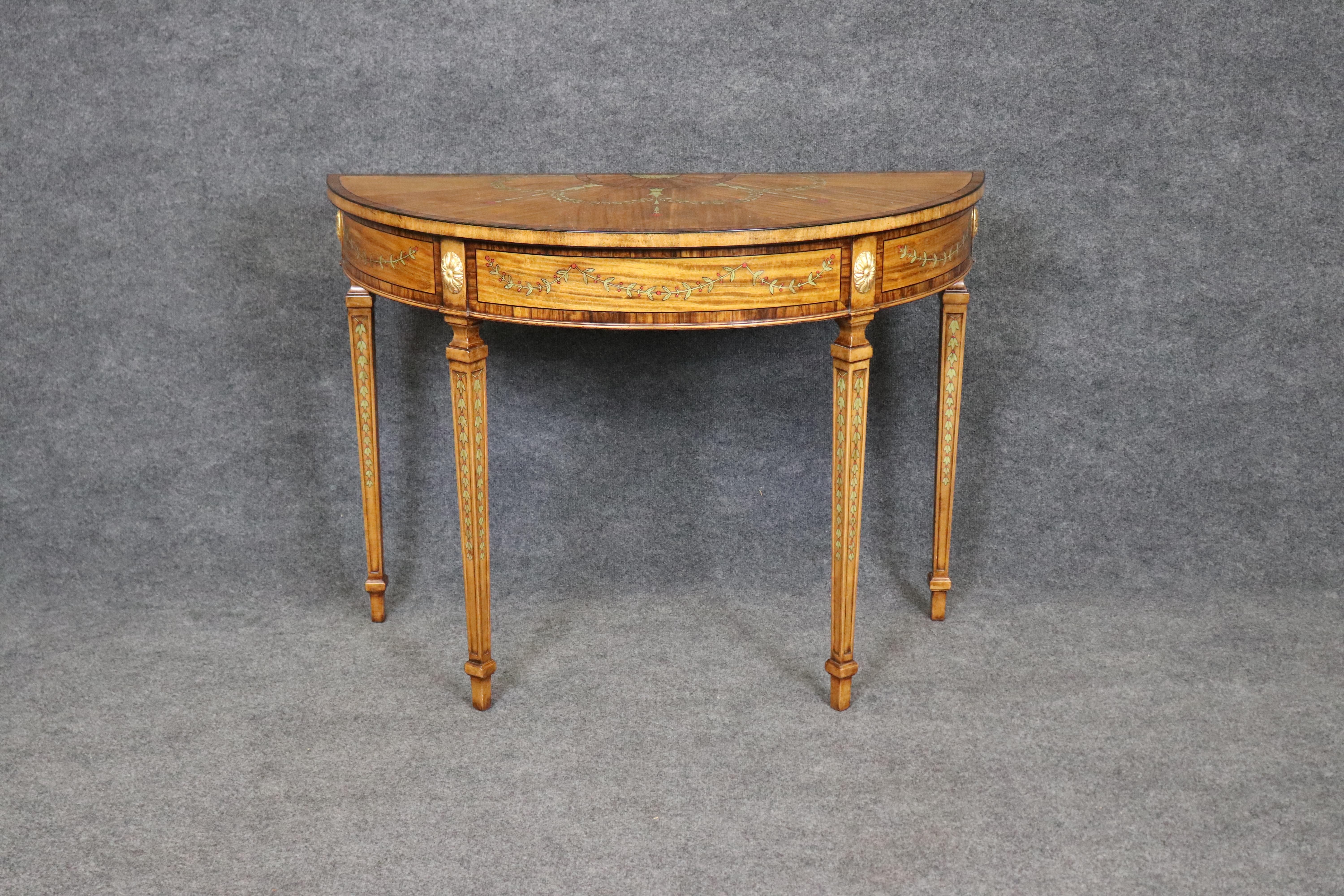 Adam Style Maitland Smith Attrib. Adams Satinwood Paint Decorated Demilune Console Table For Sale