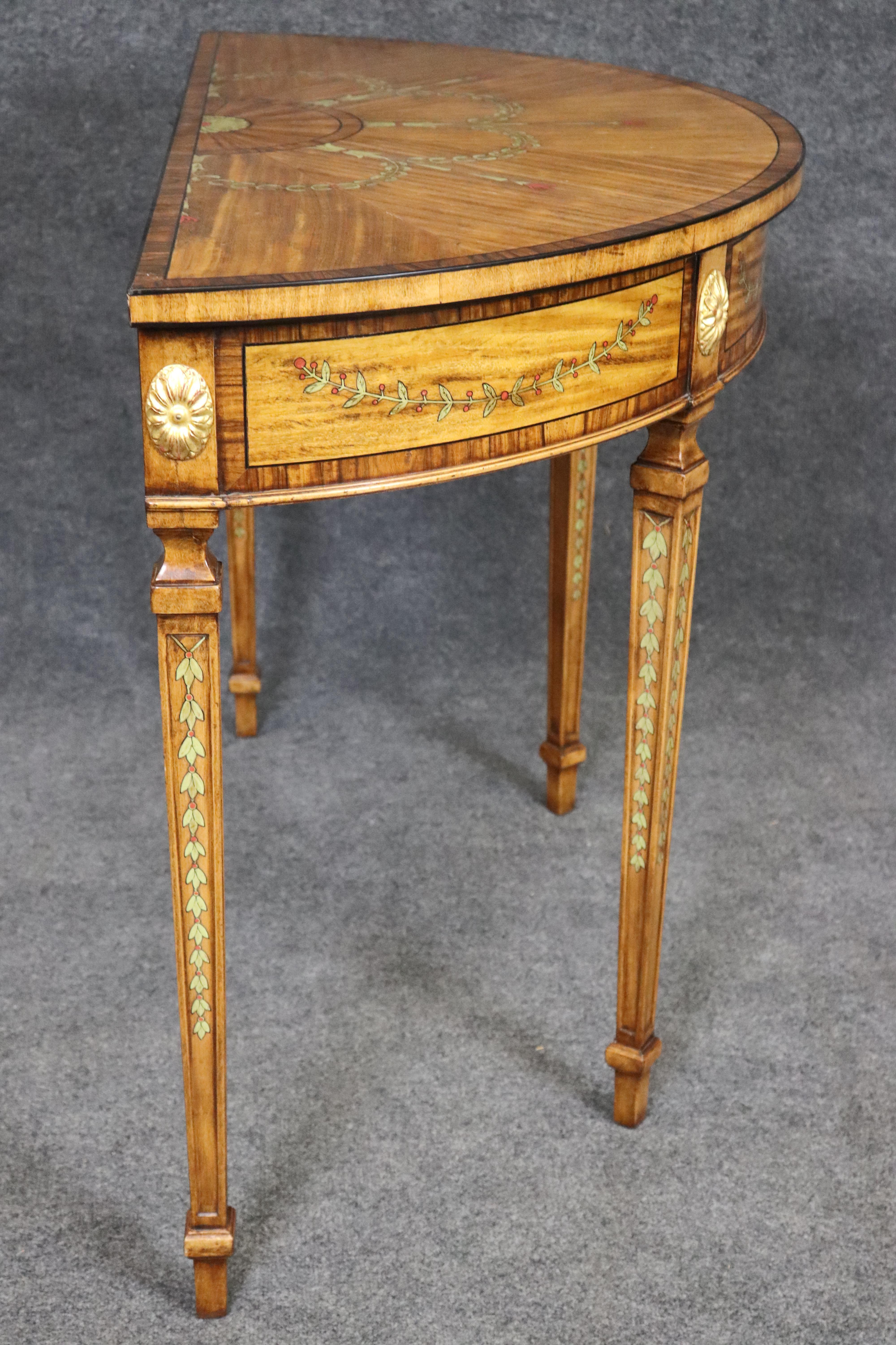 Unknown Maitland Smith Attrib. Adams Satinwood Paint Decorated Demilune Console Table For Sale