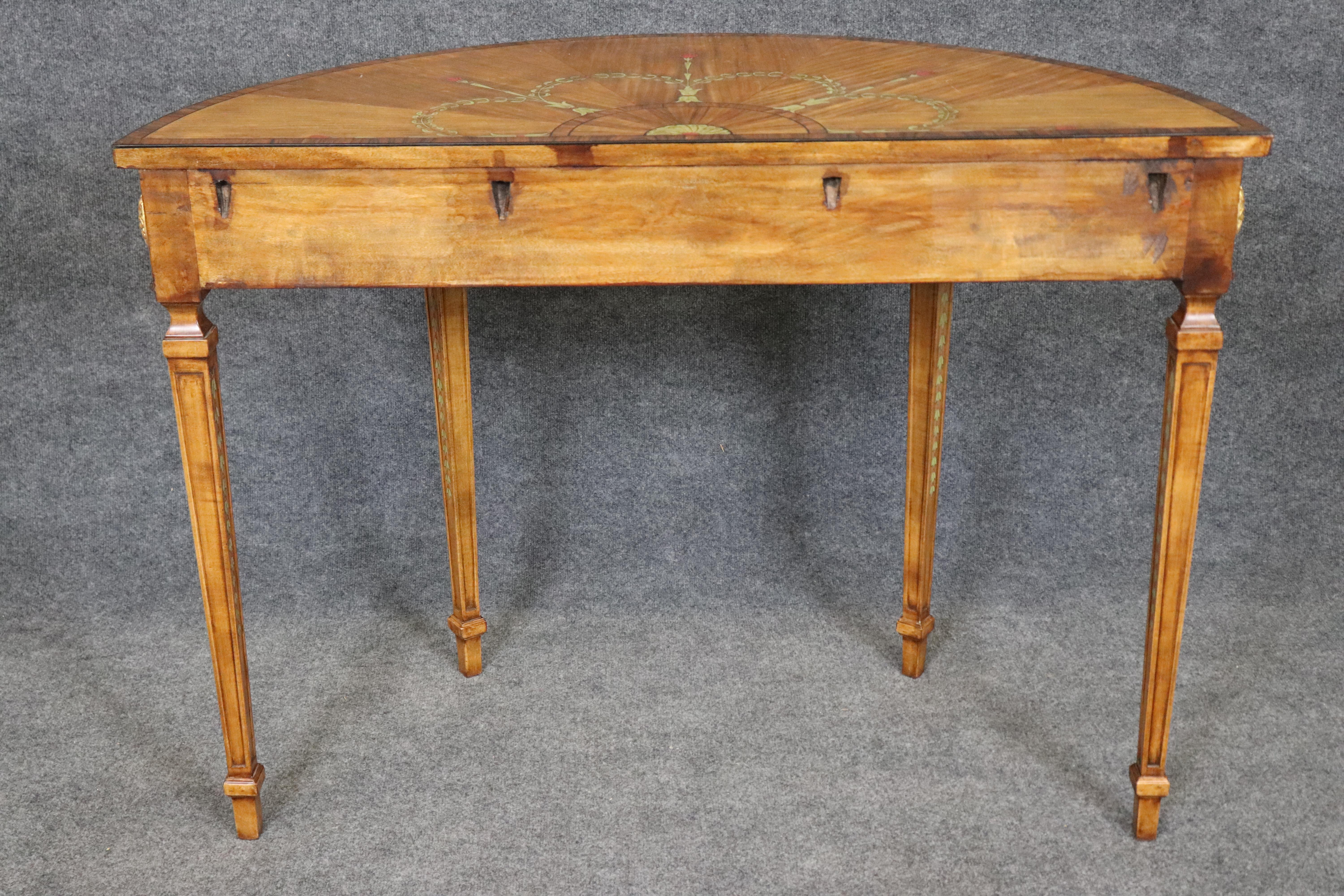 Maitland Smith Attrib. Adams Satinwood Paint Decorated Demilune Console Table In Good Condition For Sale In Swedesboro, NJ