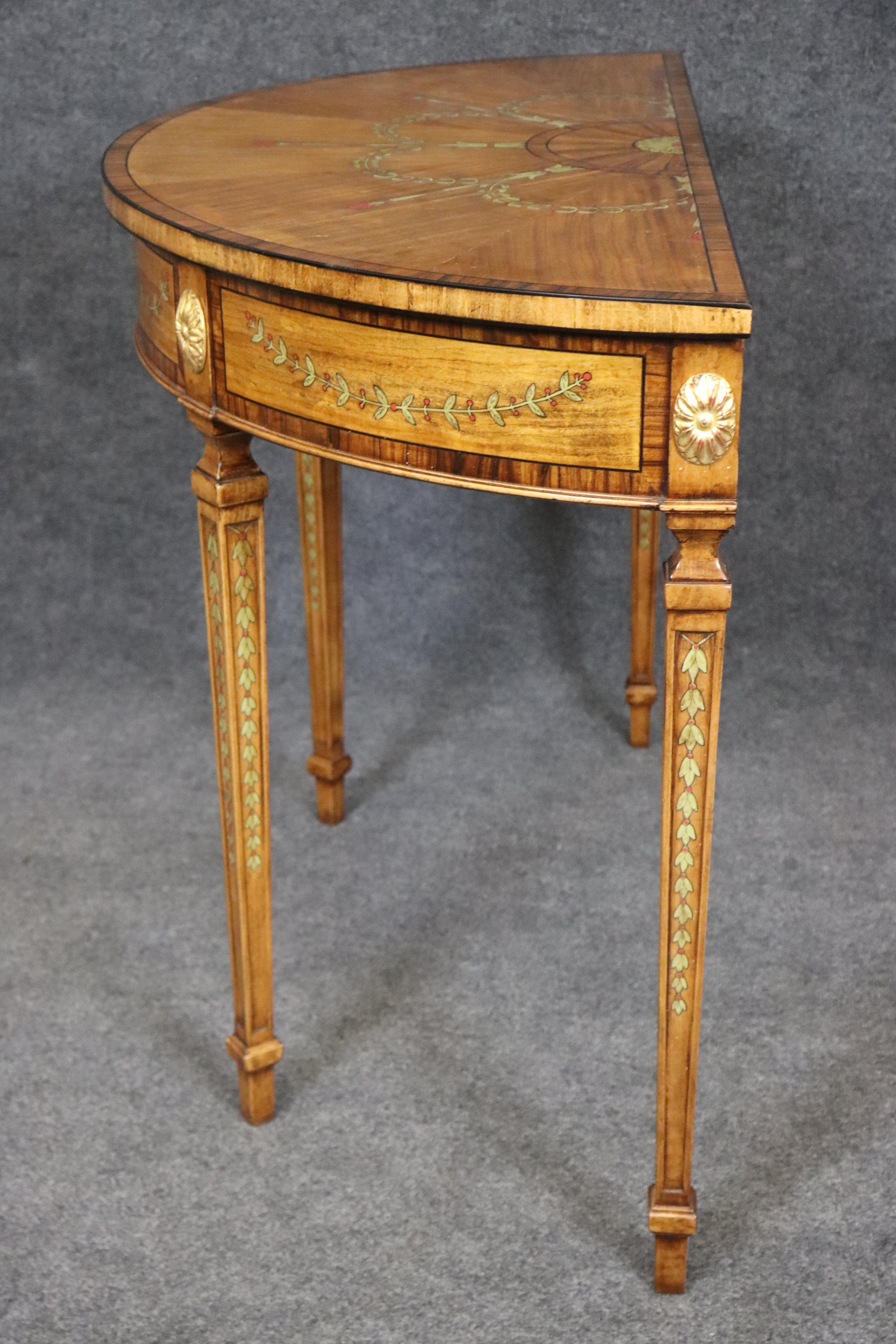 Contemporary Maitland Smith Attrib. Adams Satinwood Paint Decorated Demilune Console Table For Sale