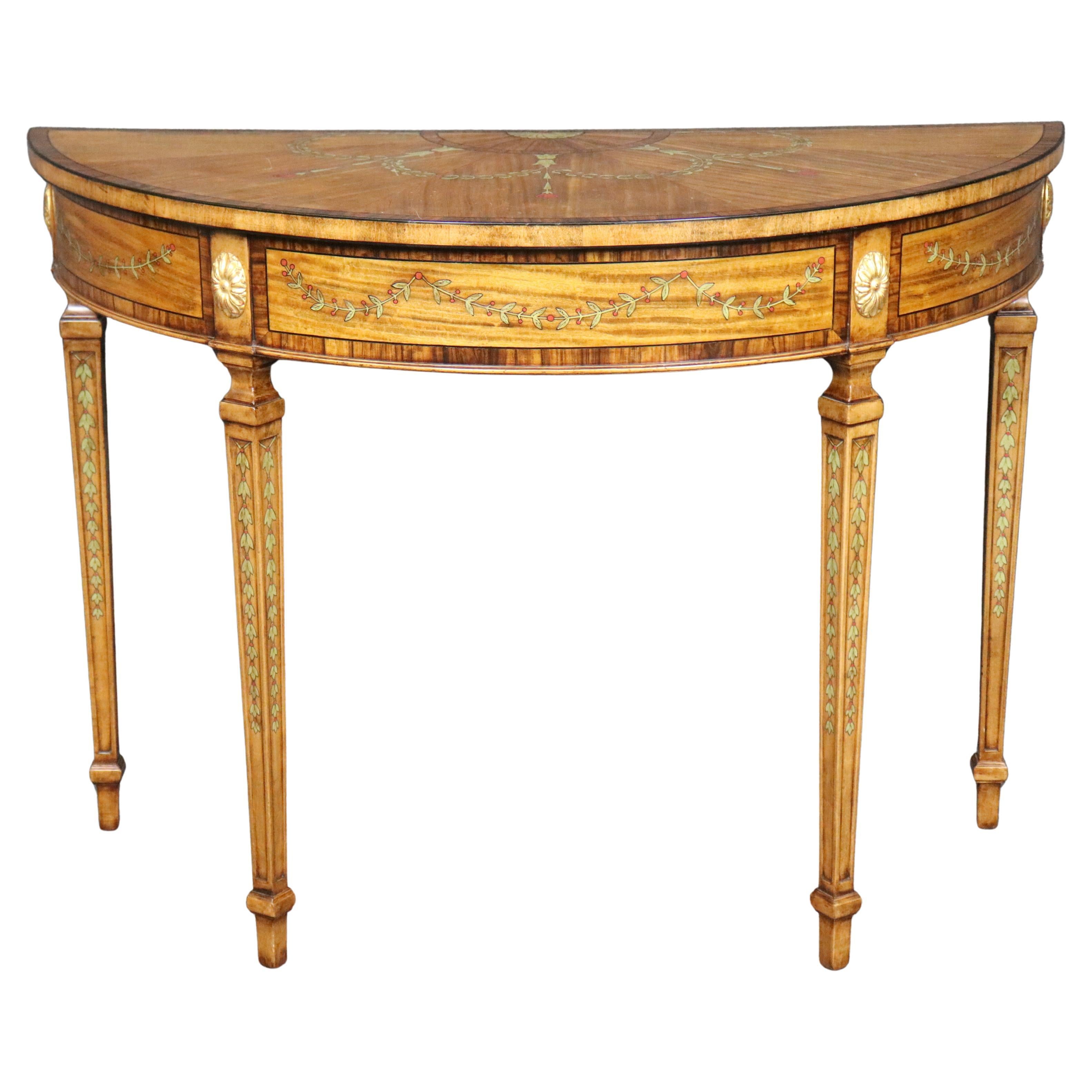 Maitland Smith Attrib. Adams Satinwood Paint Decorated Demilune Console Table