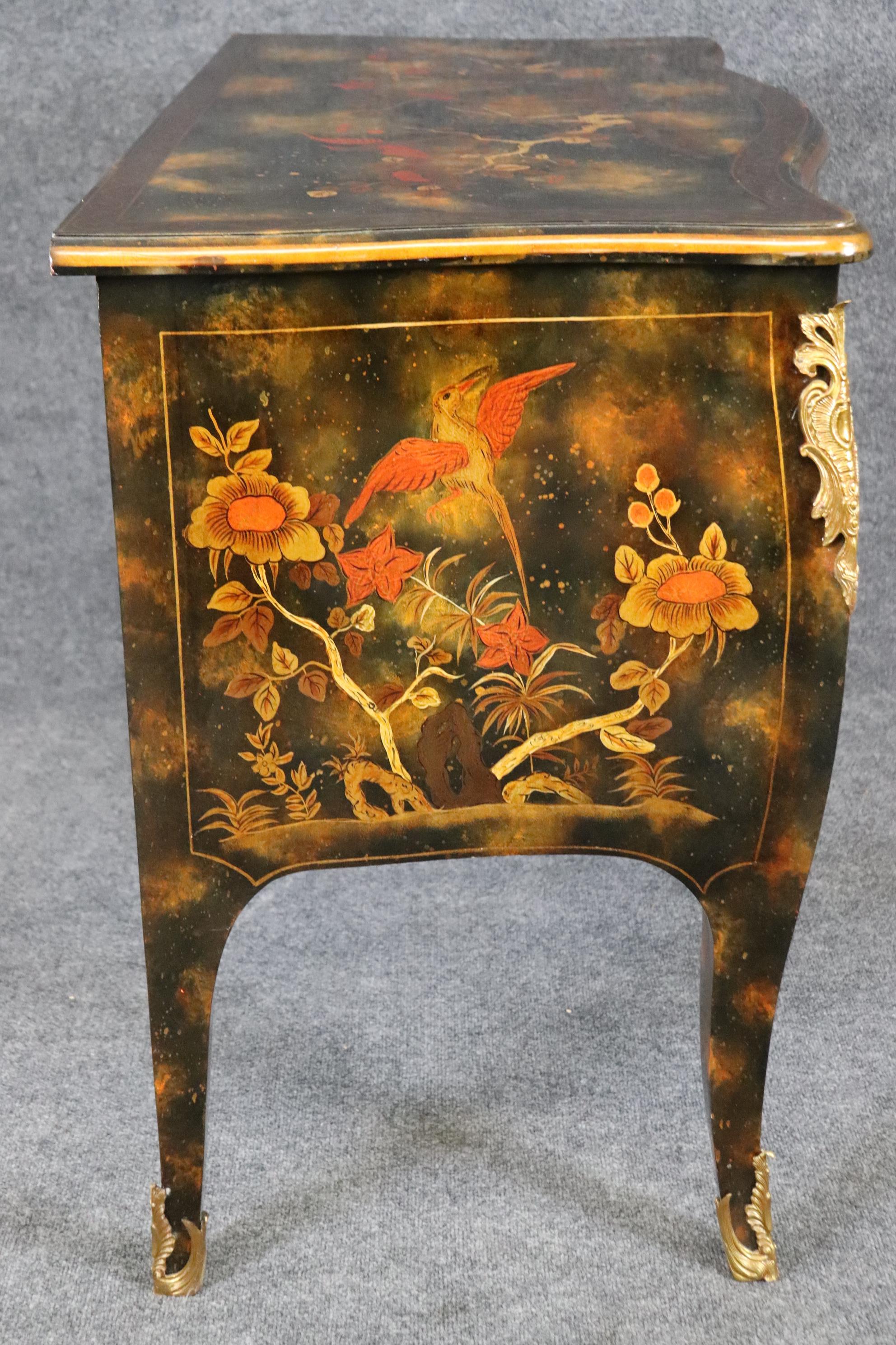 Bronze Maitland Smith Attributed Painted Chinoiserie Bombe Louis XV Style Commode  For Sale