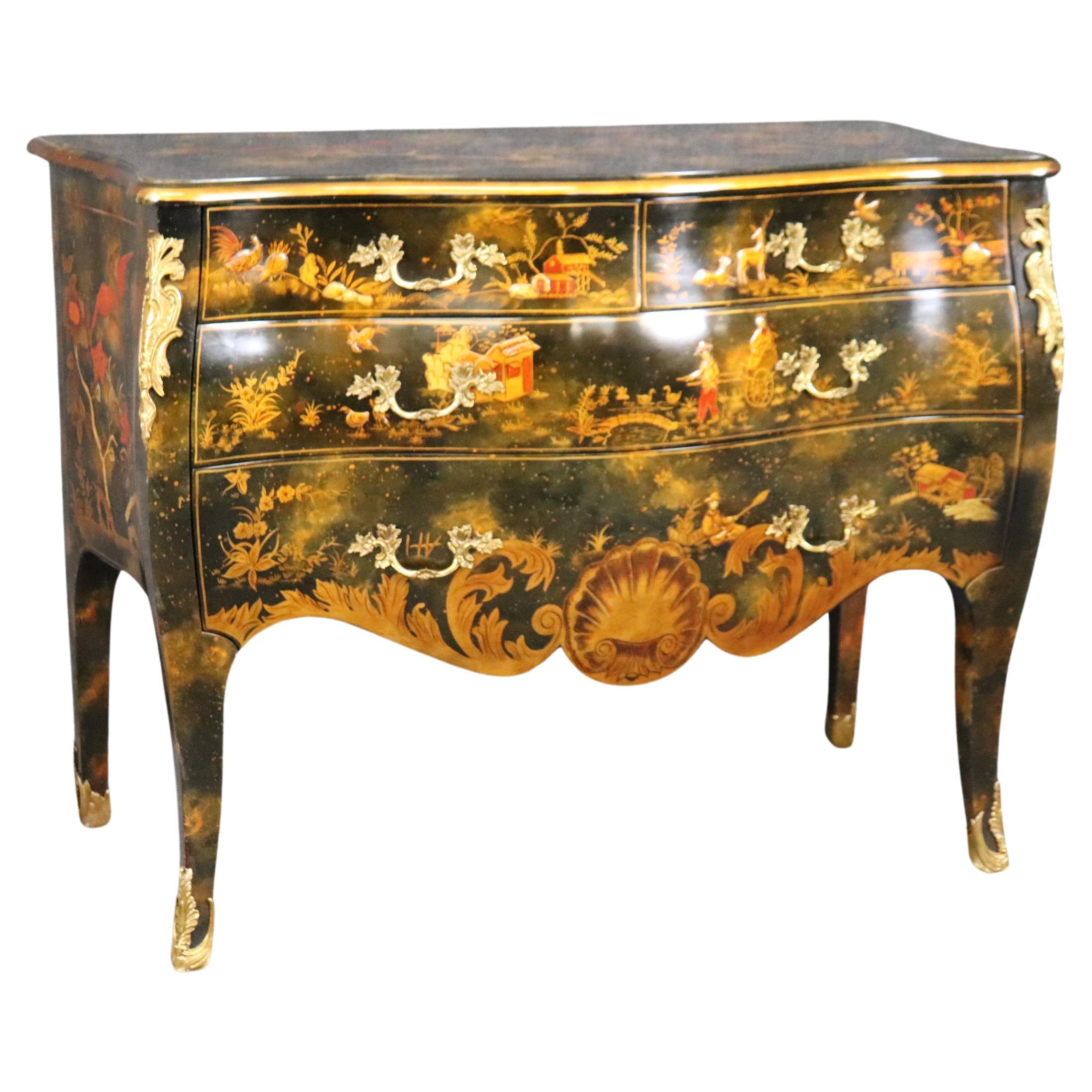 Maitland Smith Attributed Painted Chinoiserie Bombe Louis XV Style Commode  For Sale