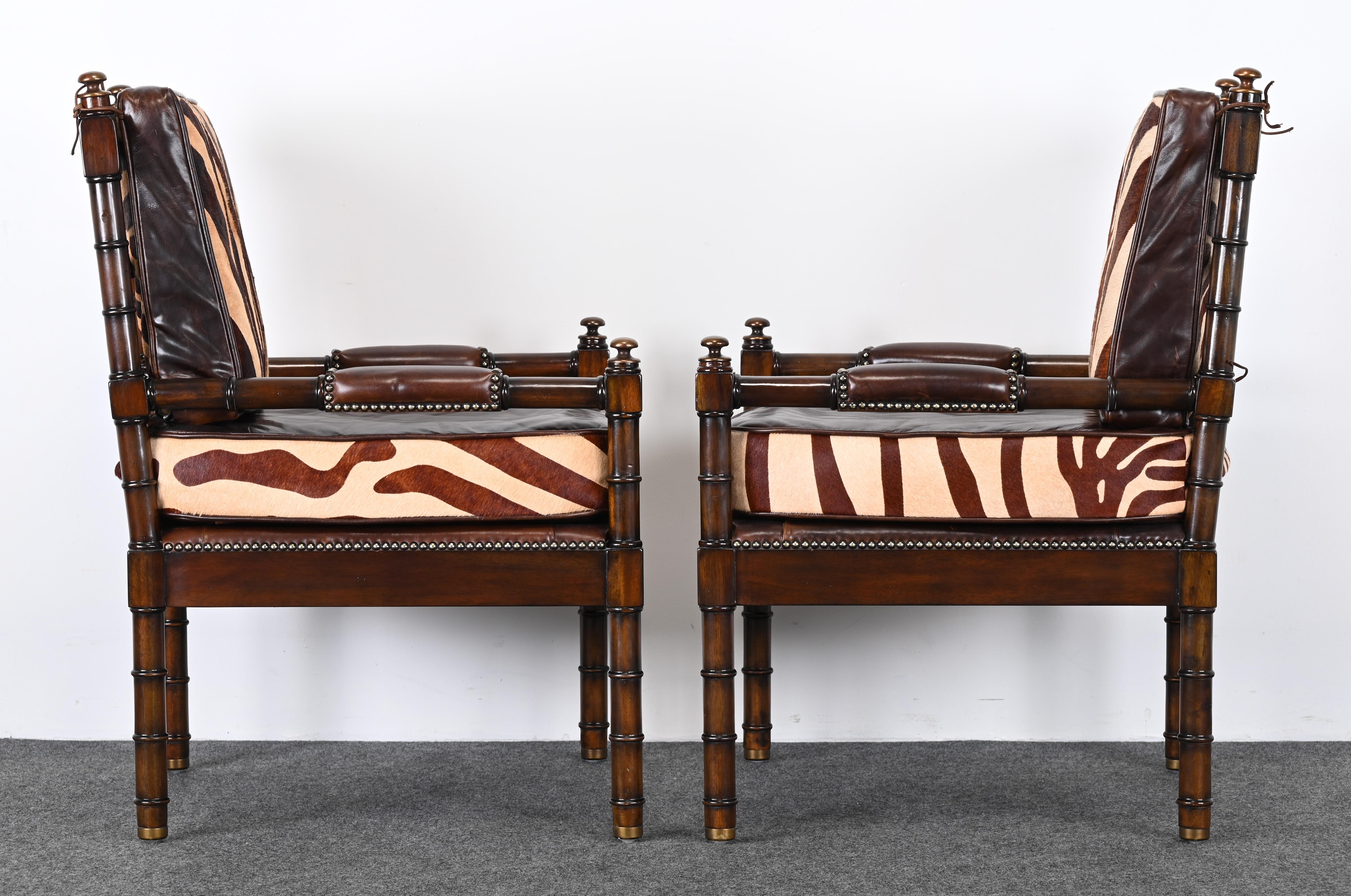 Maitland Smith Bamboo Armchairs with Cowhide Zebra Print Leather Seats, 1990s For Sale 3