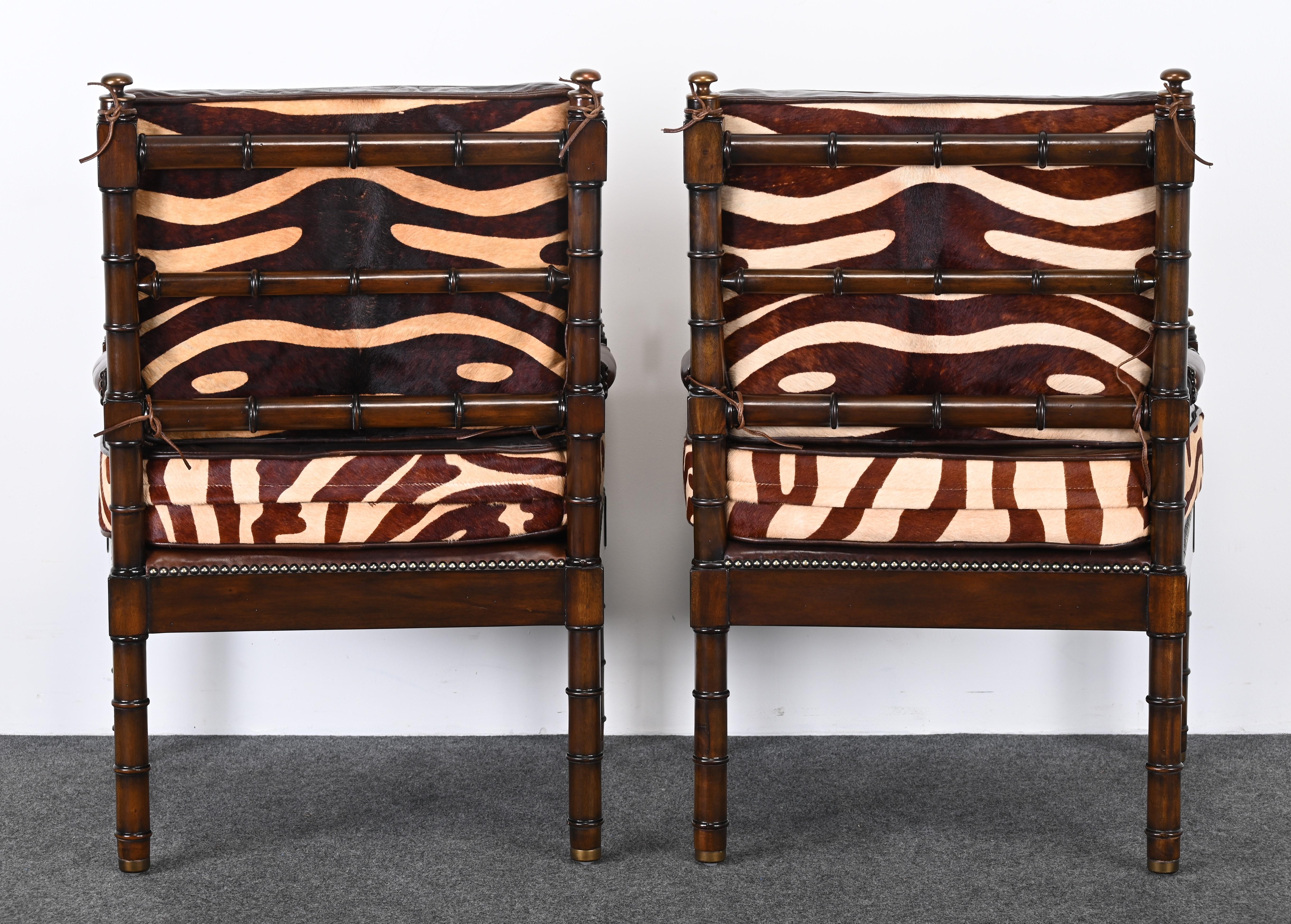 Maitland Smith Bamboo Armchairs with Cowhide Zebra Print Leather Seats, 1990s For Sale 4