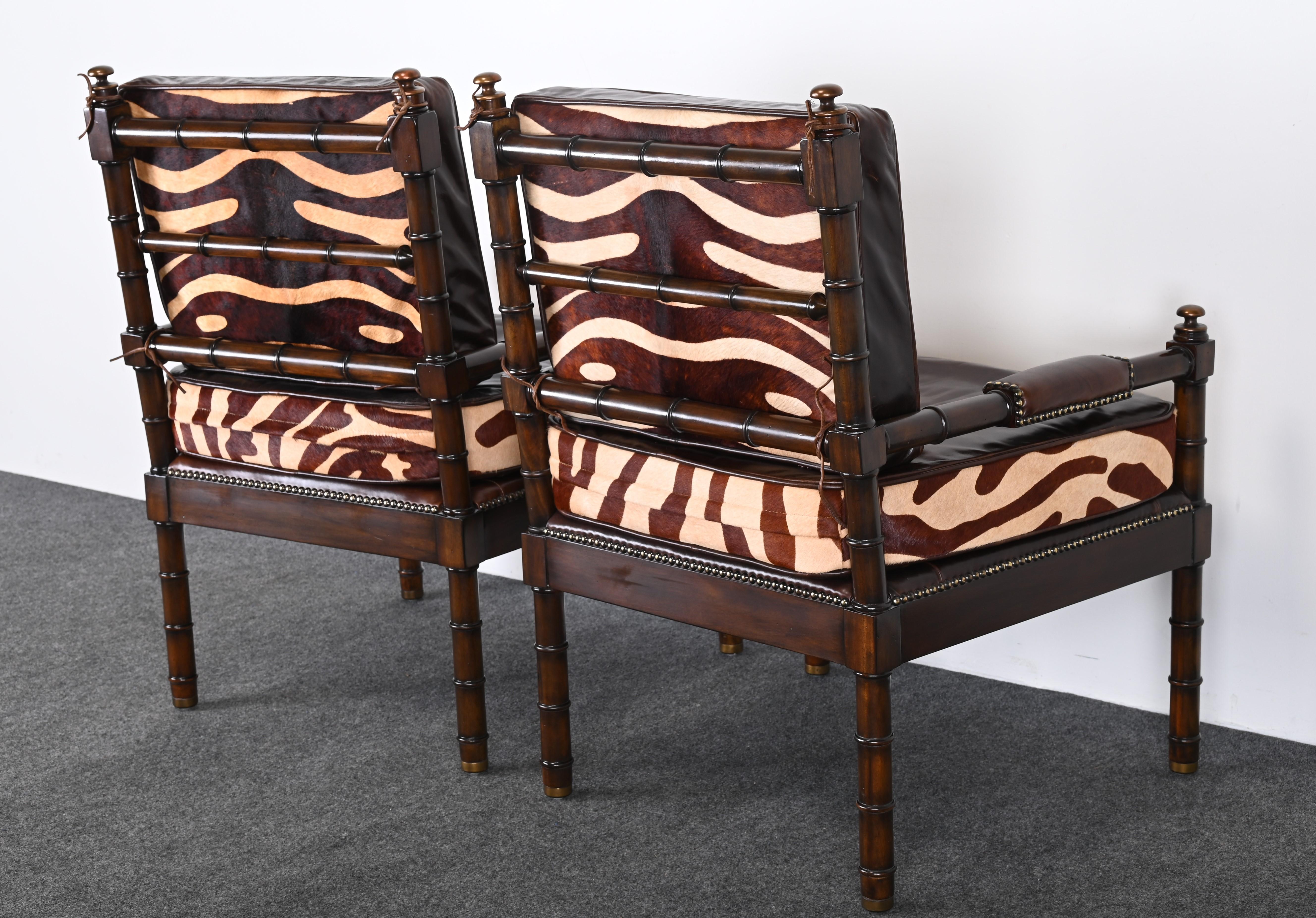 Maitland Smith Bamboo Armchairs with Cowhide Zebra Print Leather Seats, 1990s For Sale 5