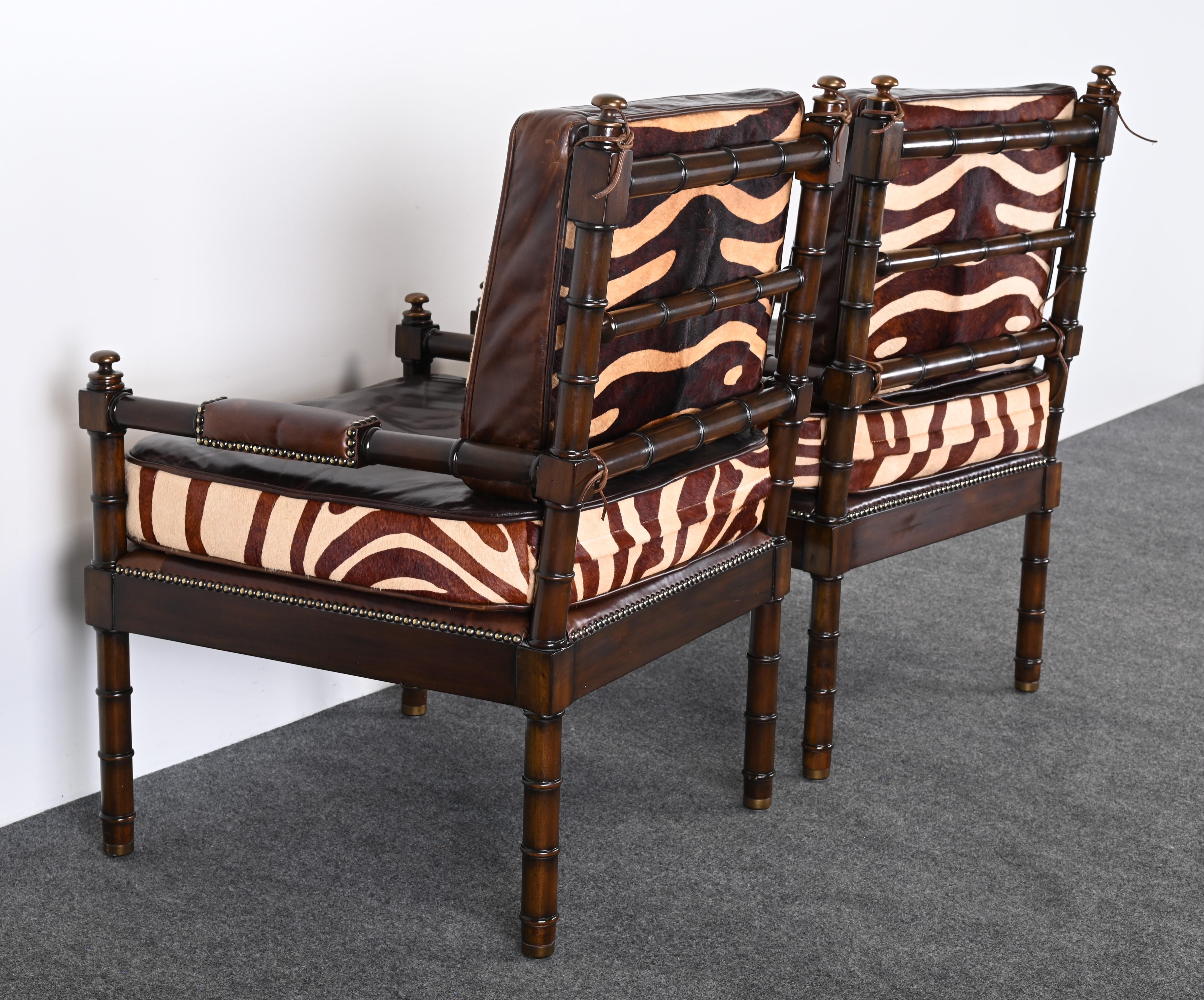 Maitland Smith Bamboo Armchairs with Cowhide Zebra Print Leather Seats, 1990s For Sale 6