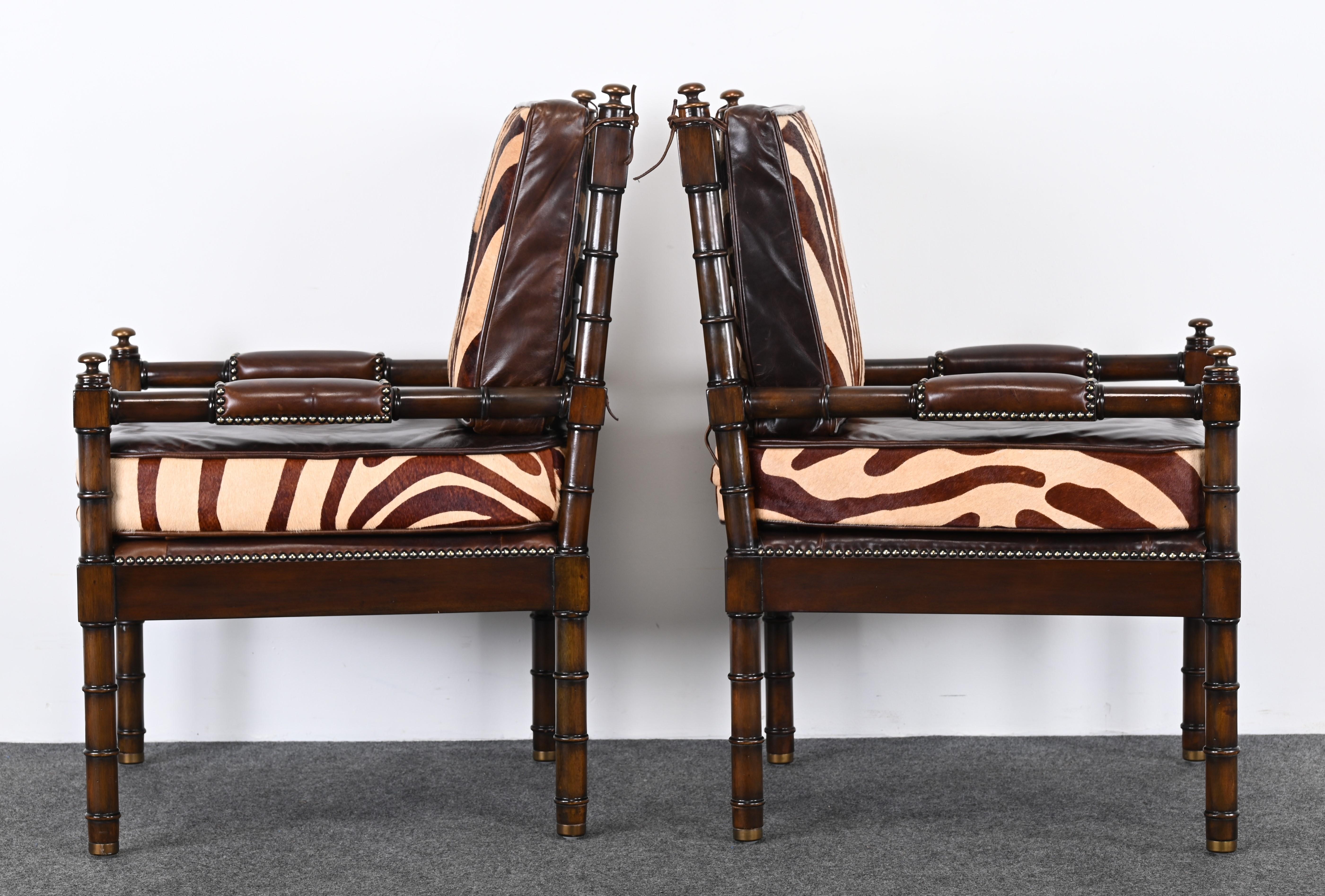 Maitland Smith Bamboo Armchairs with Cowhide Zebra Print Leather Seats, 1990s For Sale 7
