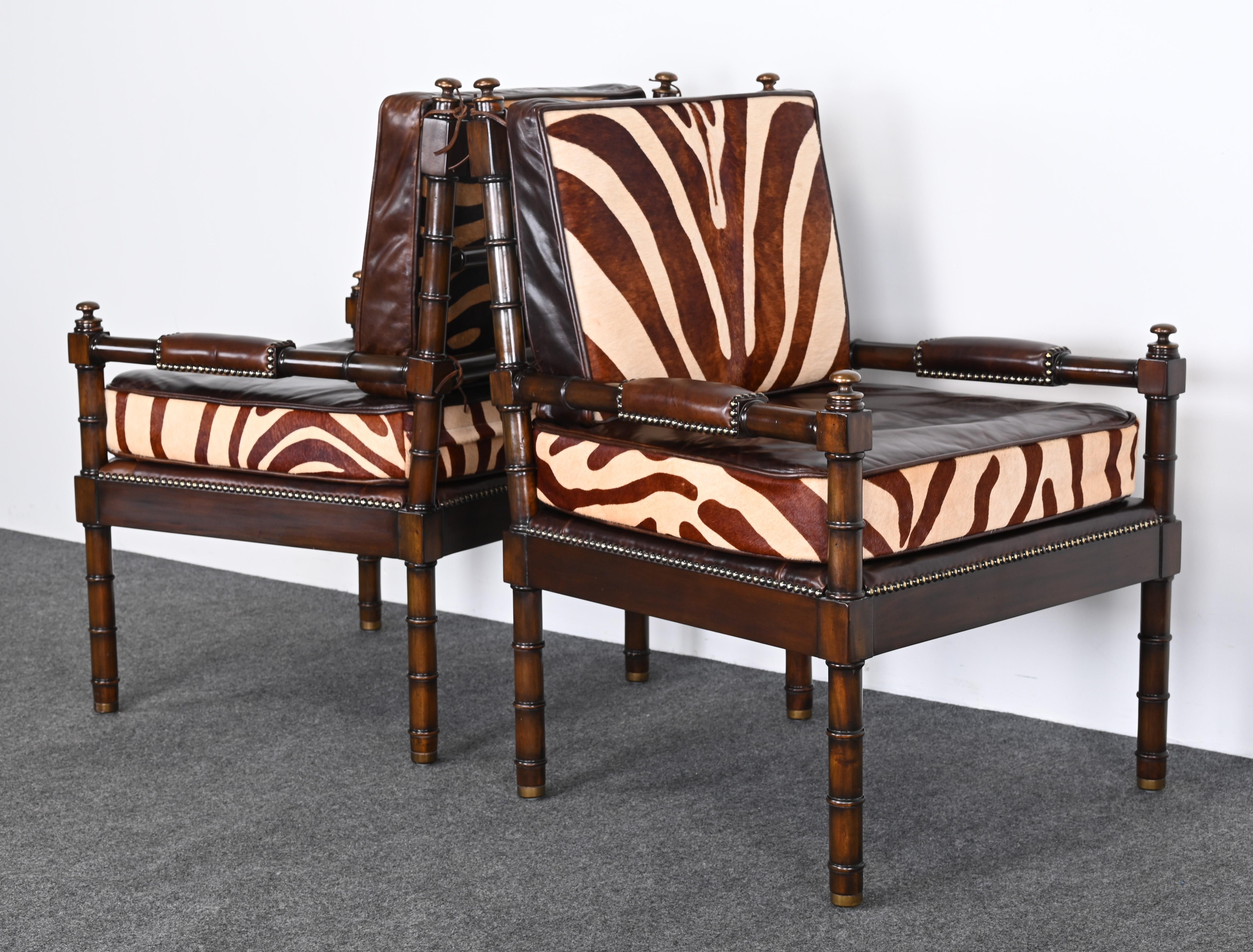 Maitland Smith Bamboo Armchairs with Cowhide Zebra Print Leather Seats, 1990s For Sale 8
