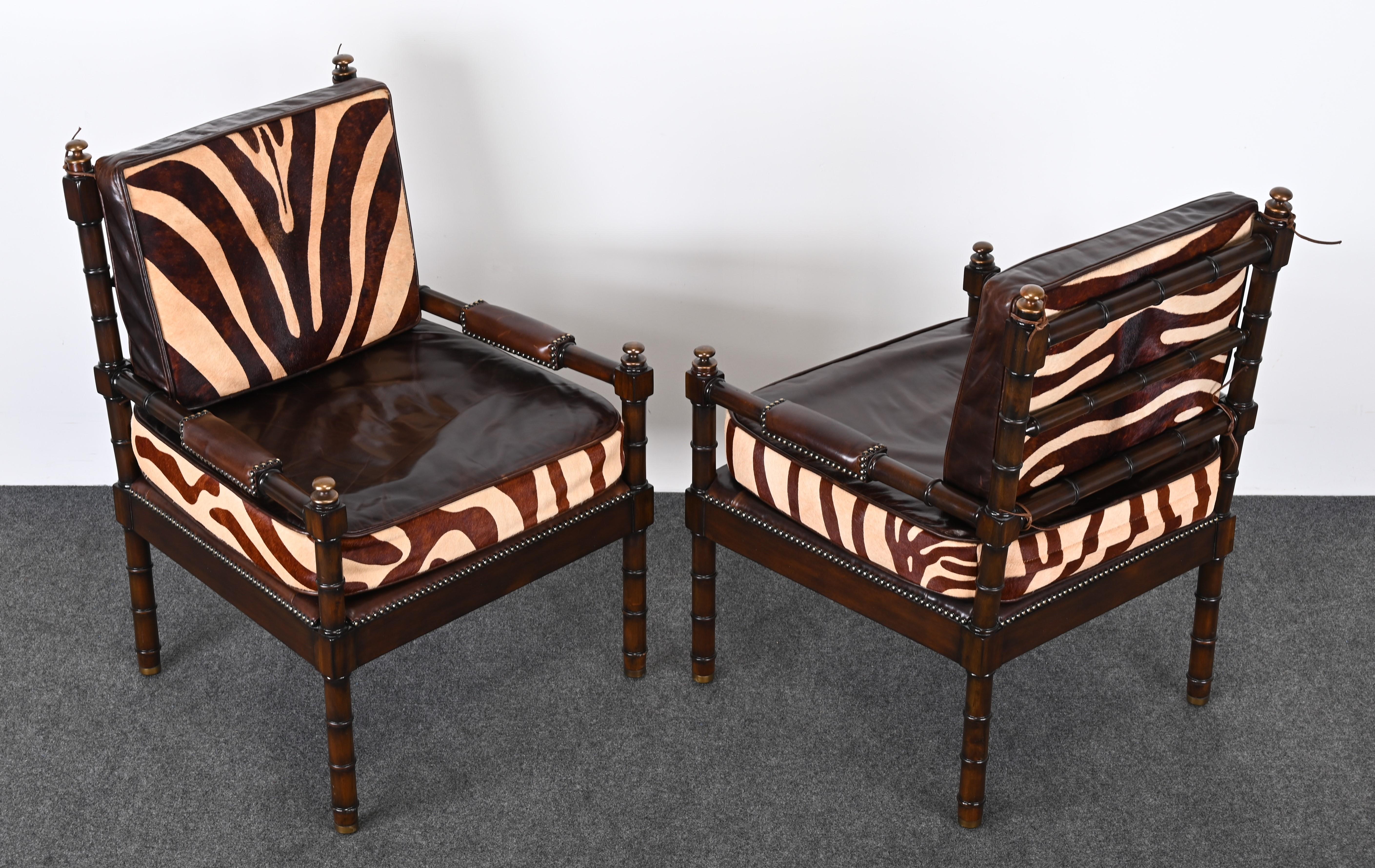 Anglo-Indian Maitland Smith Bamboo Armchairs with Cowhide Zebra Print Leather Seats, 1990s For Sale