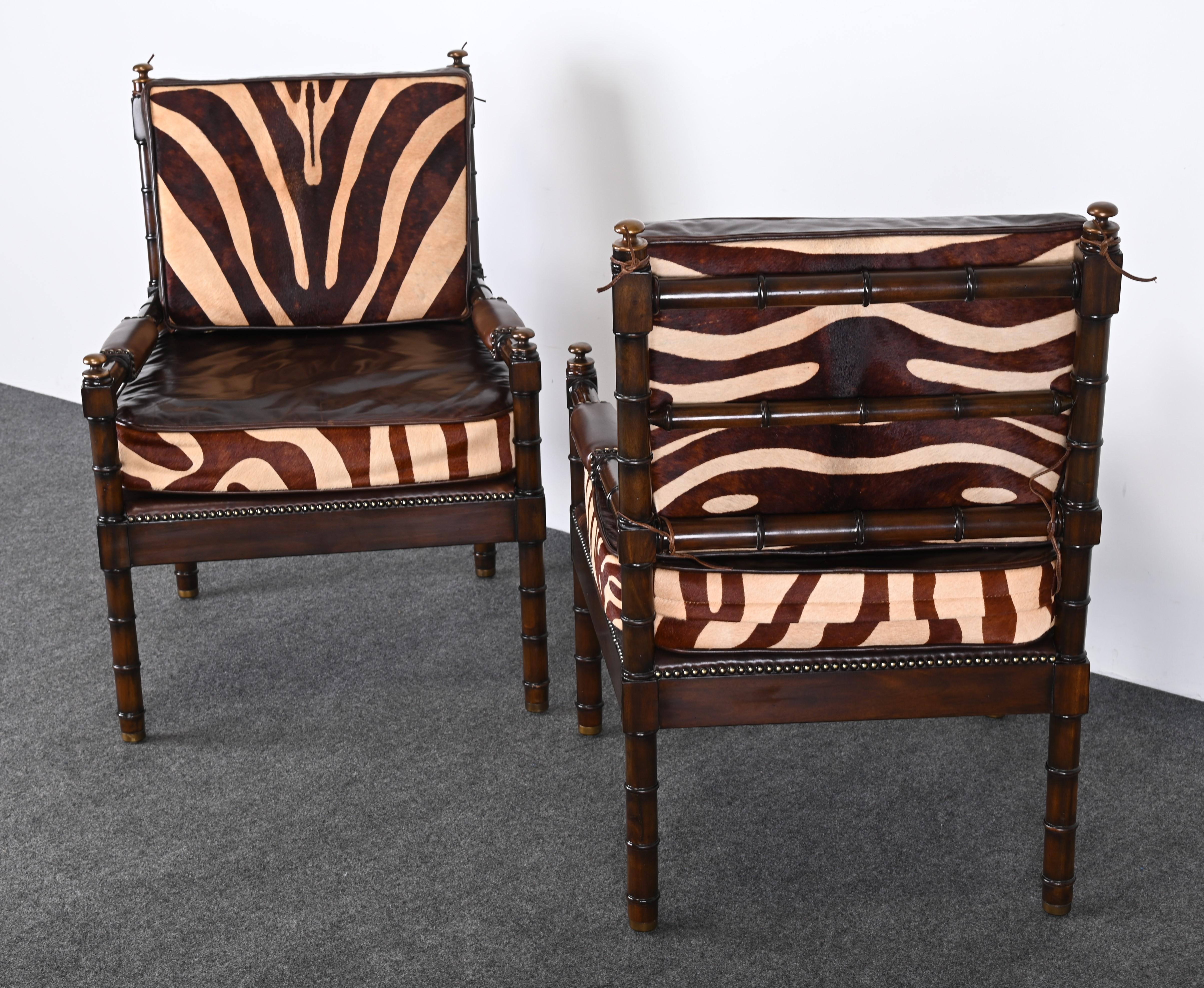 Indonesian Maitland Smith Bamboo Armchairs with Cowhide Zebra Print Leather Seats, 1990s For Sale