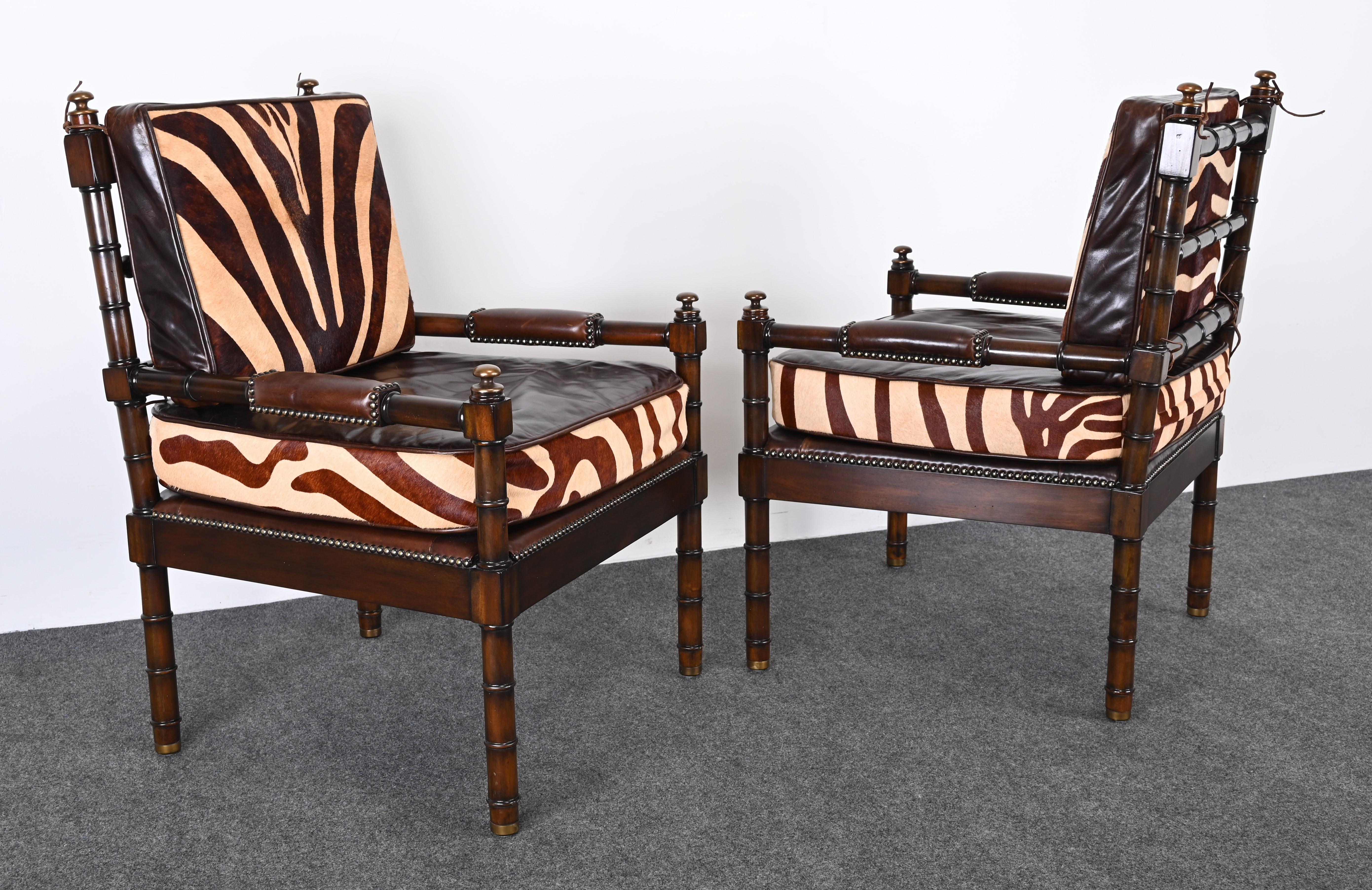 Maitland Smith Bamboo Armchairs with Cowhide Zebra Print Leather Seats, 1990s In Good Condition For Sale In Hamburg, PA