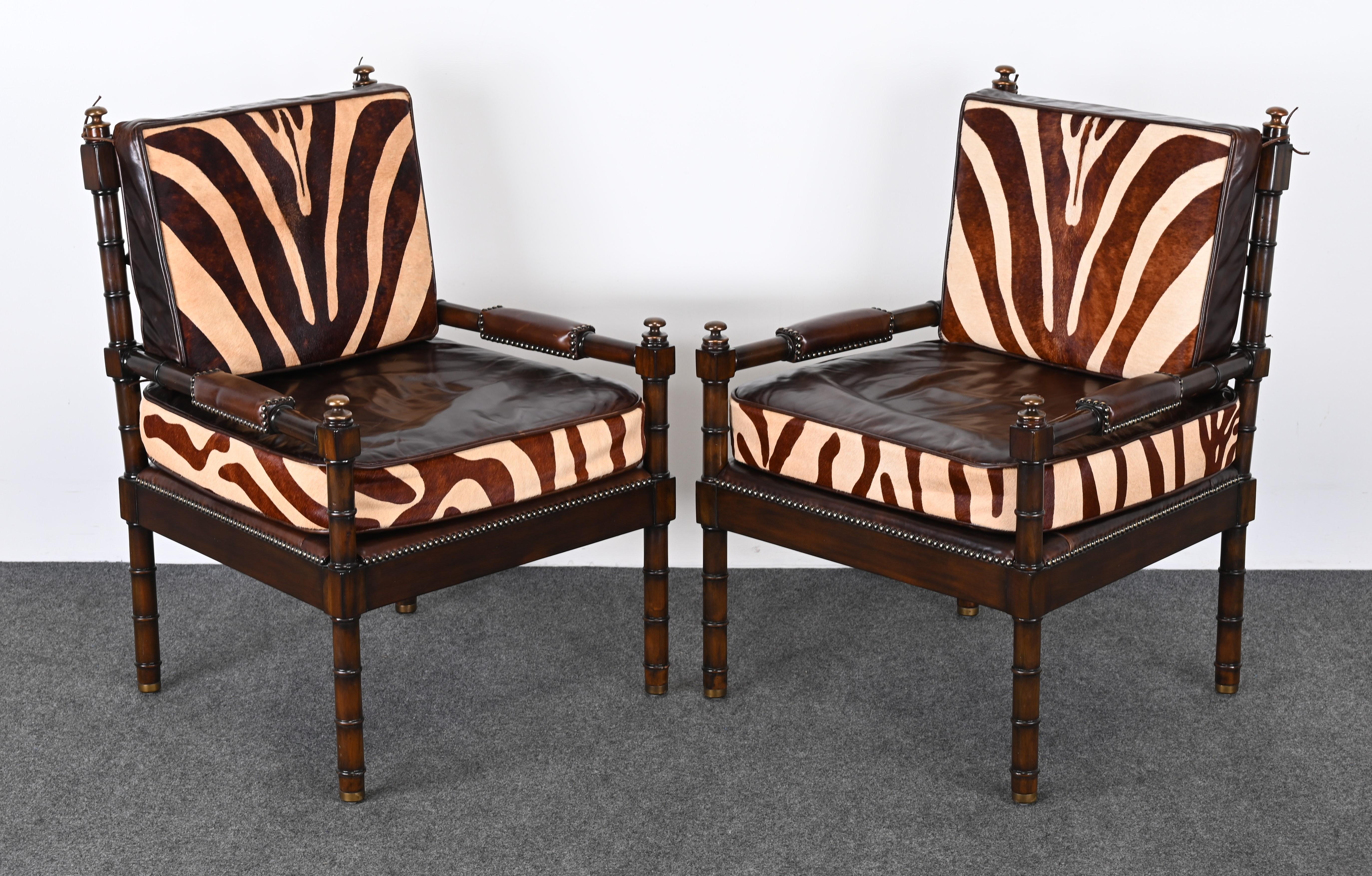 Brass Maitland Smith Bamboo Armchairs with Cowhide Zebra Print Leather Seats, 1990s For Sale